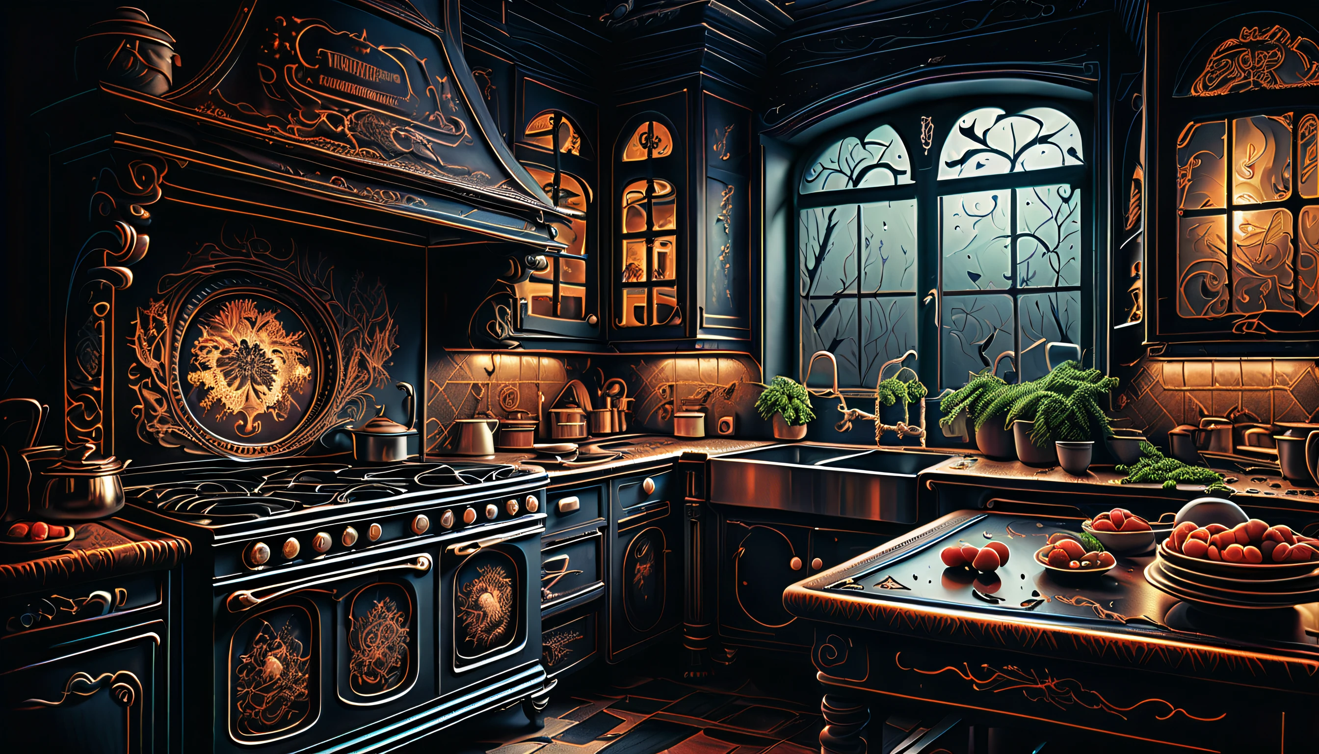 (((stunning extremely detailed illustration of spooky kitchen appliances:1.3))), (((with creepy chef:1.3))), (((graphic windows interface:1.3))), cute appliances is a true masterpiece, creepy refrigerator, awe stove, pretty toaster, expertly rendered fear and delicate brushstrokes, (((horror detail dark glow:1.2))), combination of realistic rendering and a gothic metal of dark_fantasy, creates a truly unique and captivating piece, mastery of various techniques and styles, use of mezzotint technique, touch of sophistication to the already impressive level of quality and detail, true masterpiece, amazed level of detail in this incredible watercolor painting, mesmerizing and almost lifelike depiction of this creature, vibrant colors and intricate brushstrokes truly bring masterpiece, (((majestic kitchen_room background intricate detail:1.3))), intricate detailed, extremely details, (((extremely intricate insane details:1.4))), (((extremely intricate detail of stunning render:1.4))), cinematic still and angle, all creepy steel texture,