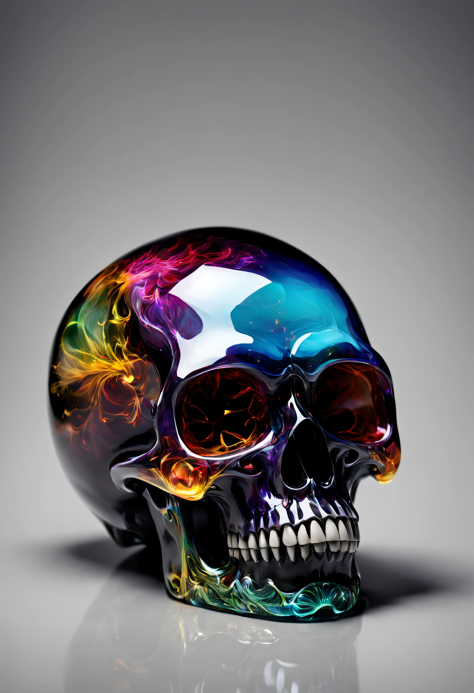 A realistic colored glass skull, beautiful and detailed. Which explodes when falling to the ground, the projections are textured like colorful  beautifull dust