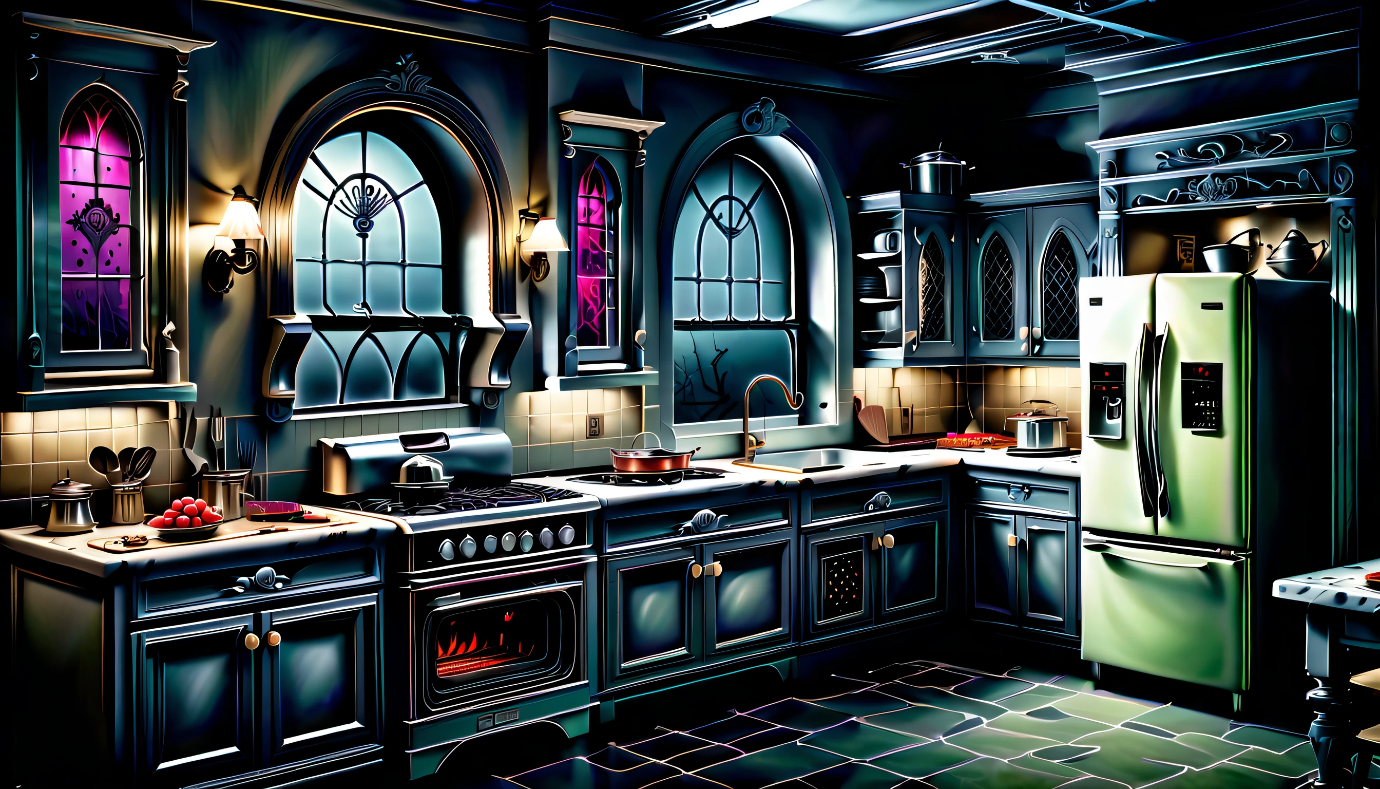(((stunning extremely detailed illustration of spooky kitchen appliances:1.3))), (((with creepy chef:1.3))), (((graphic windows interface:1.3))), cute appliances is a true masterpiece, creepy refrigerator, awe stove, pretty toaster, expertly rendered fear and delicate brushstrokes, (((horror detail dark glow:1.2))), combination of realistic rendering and a gothic metal of dark_fantasy, creates a truly unique and captivating piece, mastery of various techniques and styles, use of mezzotint technique, touch of sophistication to the already impressive level of quality and detail, true masterpiece, amazed level of detail in this incredible watercolor painting, mesmerizing and almost lifelike depiction of this creature, vibrant colors and intricate brushstrokes truly bring masterpiece, (((majestic kitchen_room background intricate detail:1.3))), intricate detailed, extremely details, (((extremely intricate insane details:1.4))), (((extremely intricate detail of stunning render:1.4))), cinematic still and angle, all creepy steel texture,