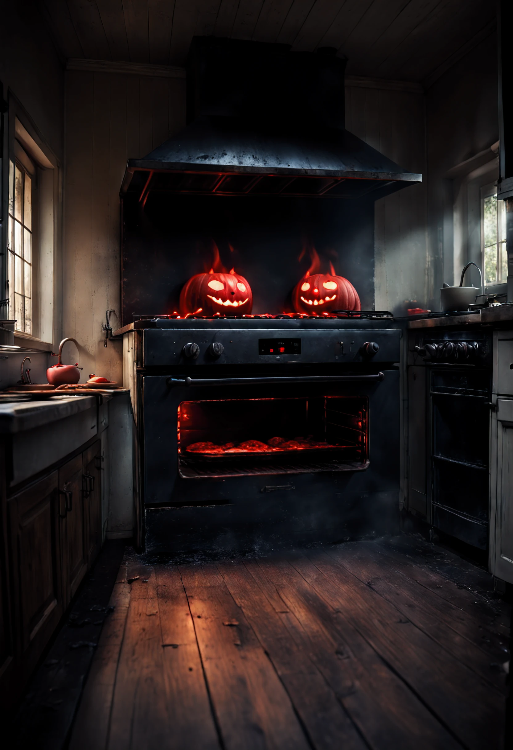 spooky floating oven with red eyes, (8K, HDR, highres), spooky ambiance, cinematic lighting with ominous shadows and highlights, otherwordly, dutch angles with atmospheric perspective of depth and mystery within the kitchen, bokeh, wide-angle lens, ample headroom, third rule of photography