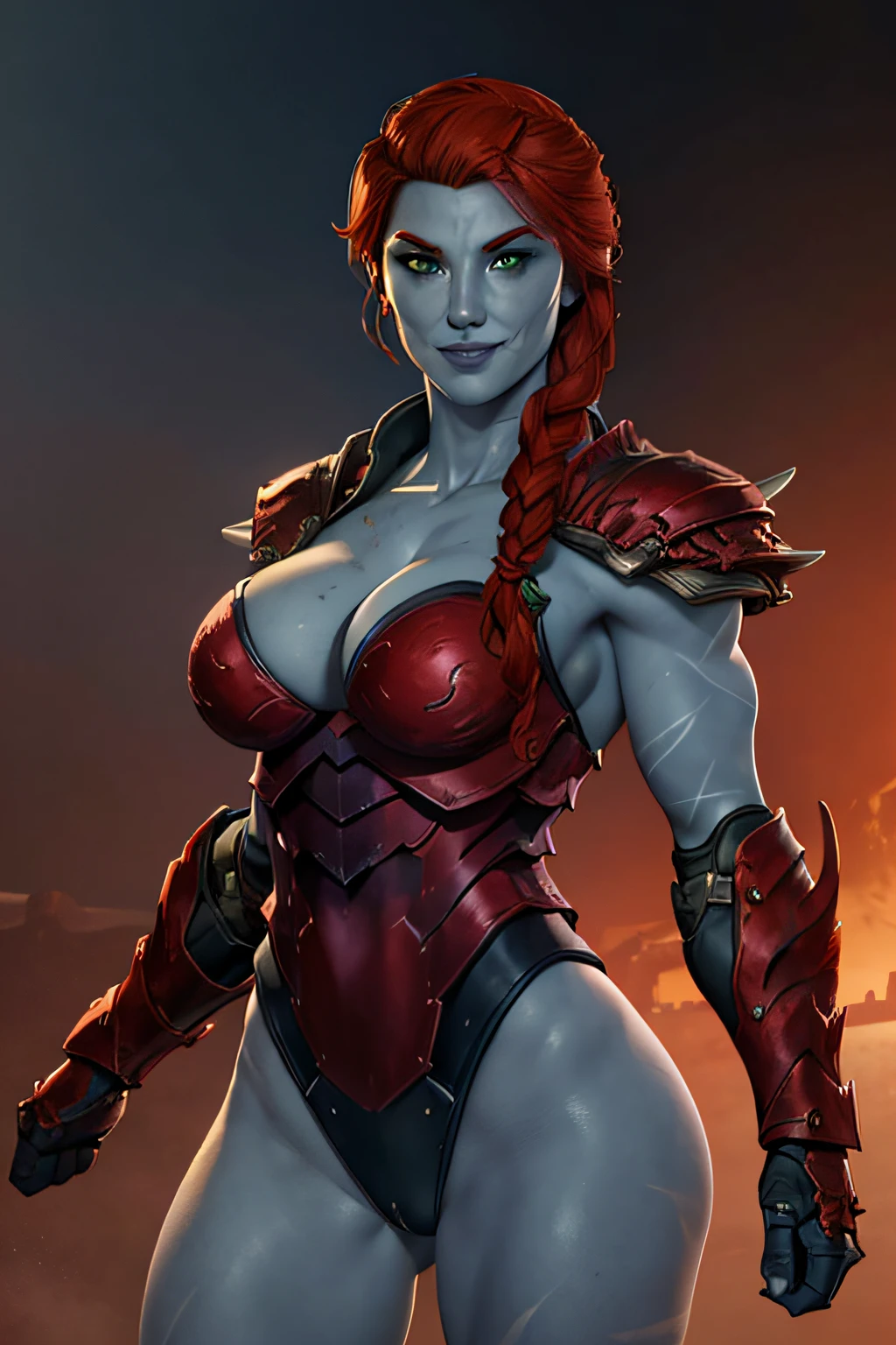 Hellbender, red hair, blue skin, green eyes, scar, braid over shoulder, armor, gauntlets, cleavage, pauldrons, leotard, spikes, 1girl, solo, upper body, facing viewer, looking at viewer, smile.