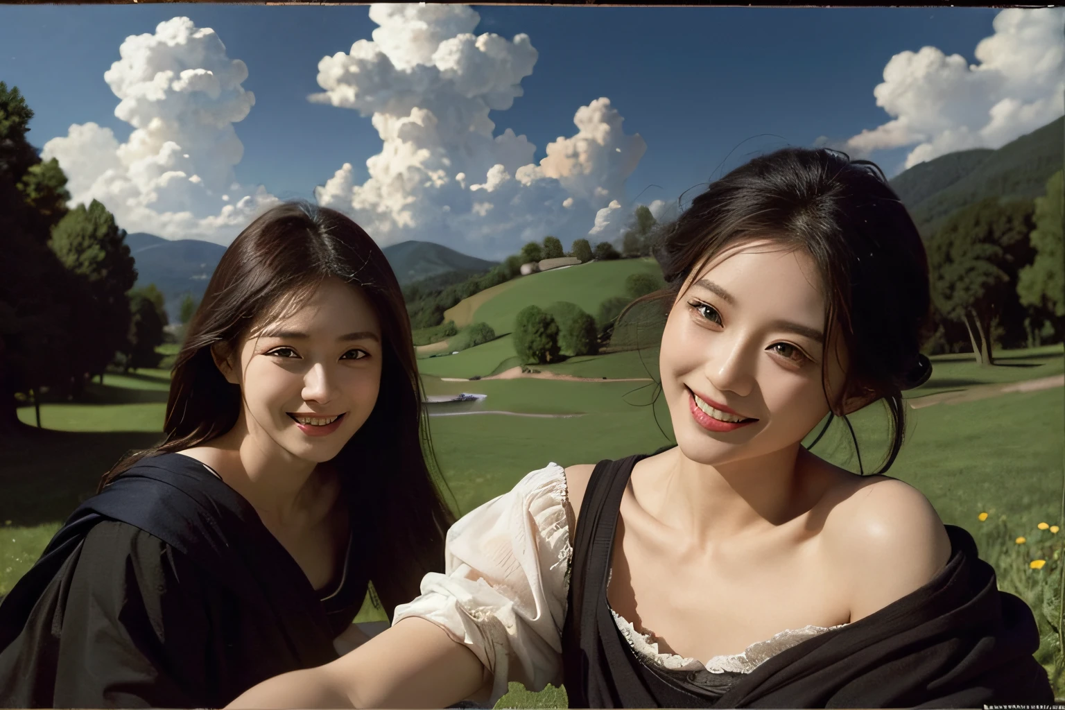 Poussin-style landscape,A smile,,Sweet and seductive appearance.、Caravaggio's paintings、Chiaroscuro of Caravaggio、Hair disheveled in the wind,Two women frolicking,Cute smile, Expression of ecstasy