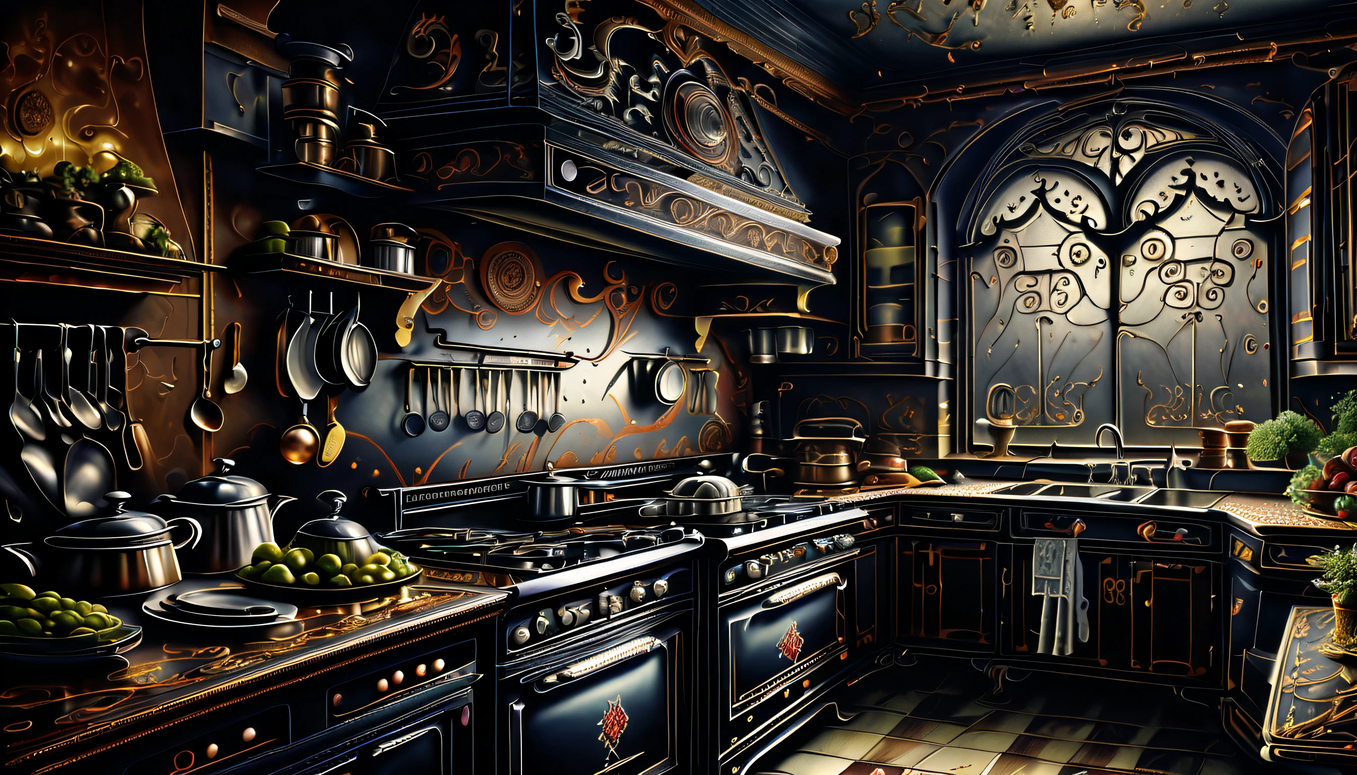 (((stunning extremely detailed illustration of spooky kitchen appliances:1.3))), ((with creepy chef:1.3)), (((graphic windows interface:1.3))), cute appliances is a true masterpiece, creepy refrigerator, awe stove, pretty toaster, expertly rendered metal and delicate brushstrokes, (horror detail glow:1.1), combination of realistic rendering and a gothic metal of dark_fantasy, creates a truly unique and captivating piece, mastery of various techniques and styles, use of mezzotint technique, touch of sophistication to the already impressive level of quality and detail, true masterpiece, amazed level of detail in this incredible watercolor painting, mesmerizing and almost lifelike depiction of this creature, vibrant colors and intricate brushstrokes truly bring masterpiece, (((majestic kitchen_room background intricate detail:1.3))), intricate detailed, extremely details, extremely intricate insane details, (((extremely intricate detail of stunning render:1.4))), cinematic still and angle, all creepy steel texture,
