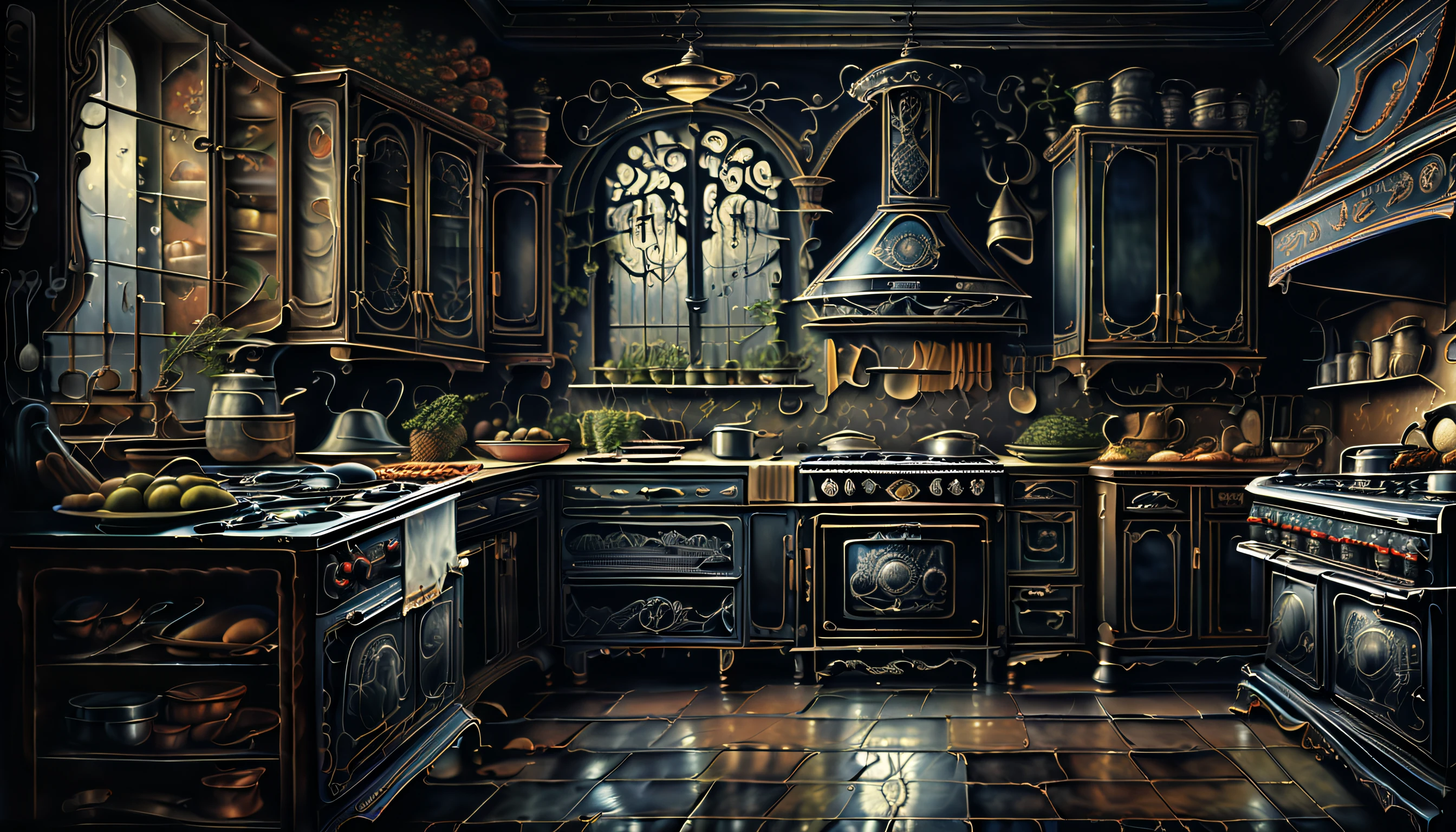 (((stunning extremely detailed illustration of spooky kitchen appliances:1.3))), ((with creepy chef:1.3)), (((graphic windows interface:1.3))), cute appliances is a true masterpiece, creepy refrigerator, awe stove, pretty toaster, expertly rendered metal and delicate brushstrokes, (horror detail glow:1.1), combination of realistic rendering and a gothic metal of dark_fantasy, creates a truly unique and captivating piece, mastery of various techniques and styles, use of mezzotint technique, touch of sophistication to the already impressive level of quality and detail, true masterpiece, amazed level of detail in this incredible watercolor painting, mesmerizing and almost lifelike depiction of this creature, vibrant colors and intricate brushstrokes truly bring masterpiece, (((majestic kitchen_room background intricate detail:1.3))), intricate detailed, extremely details, (((extremely intricate insane details:1.4))), (((extremely intricate detail of stunning render:1.4))), cinematic still and angle, all creepy steel texture,
