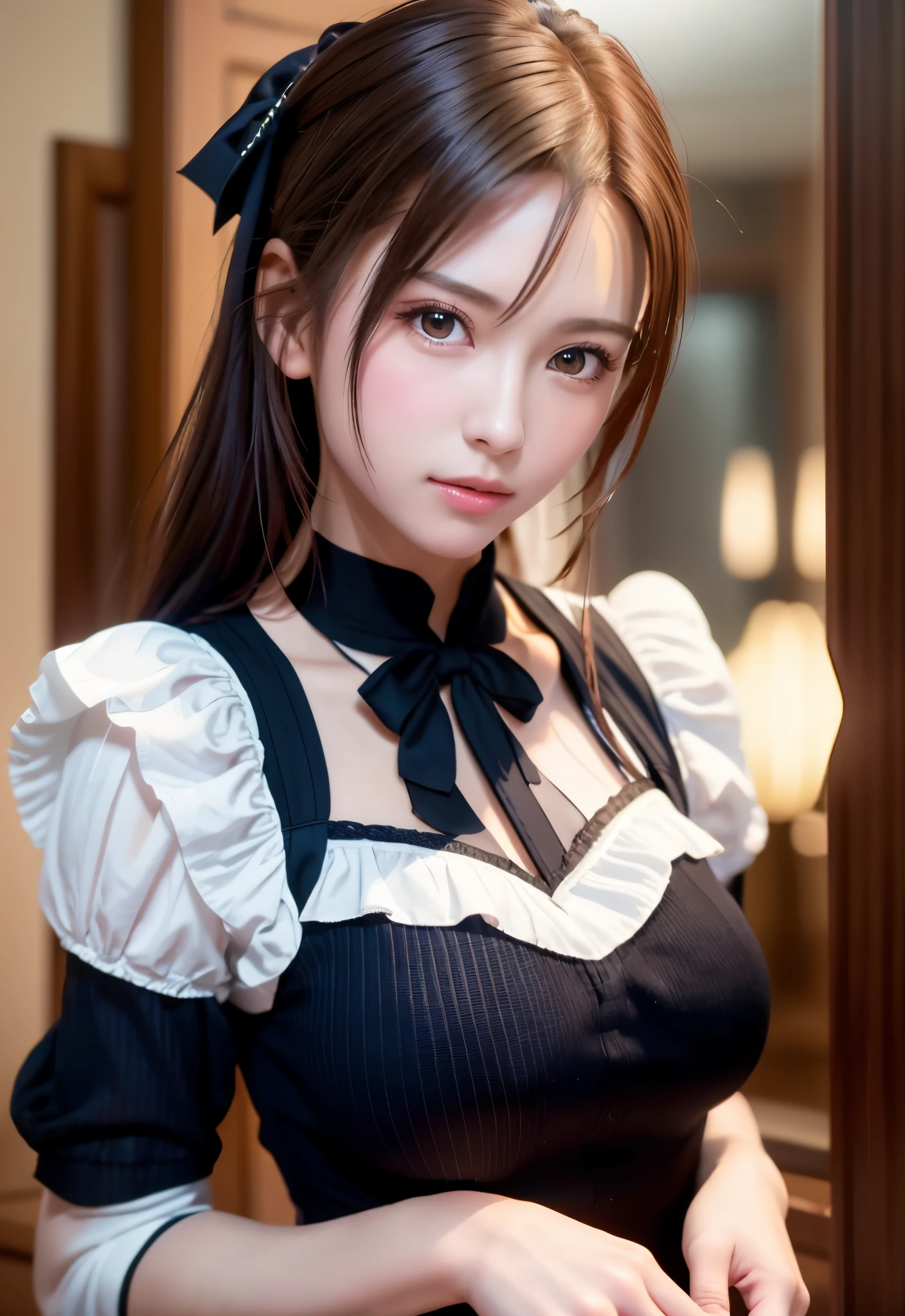 8K, of the highest quality, masutepiece:1.2), (Realistic, Photorealsitic:1.37), of the highest quality, masutepiece, Beautiful young woman, Pensive expression,、A charming、and an inviting look, Cute Maid Clothes, Hair tied back, Cinematic background, Light skin tone