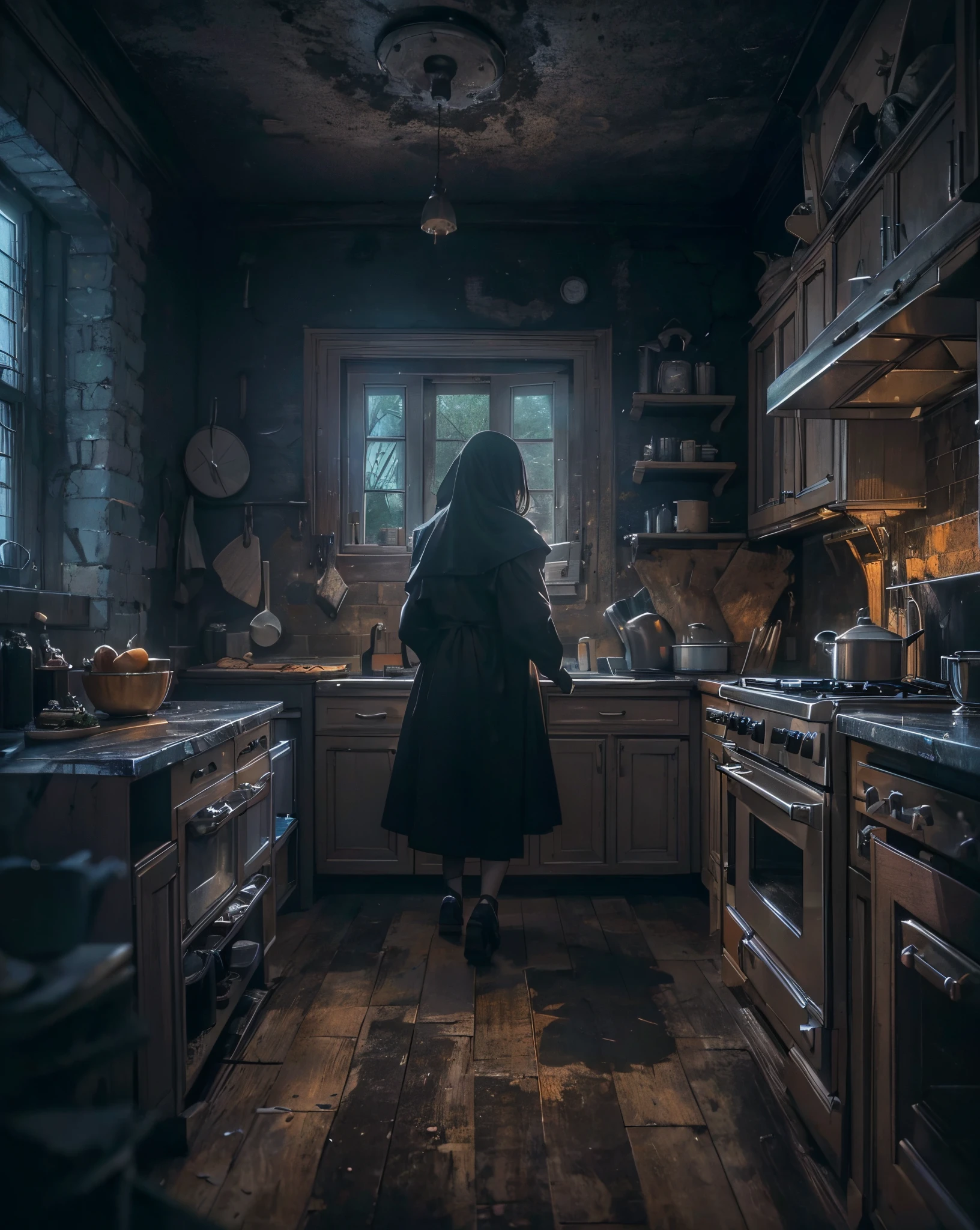 (8K, HDR, highres), ((((Photography, RAW photo, hyperrealism, masterpiece, best quality, ultra highres)))), Eerie kitchen appliances with a ghostly glow, featuring a haunted blender, spectral toaster, and other supernatural cooking companions, infusing a touch of spookiness into the culinary realm, surrealism and gothic art style, moody colors, with eerie lighting, spooky ambiance, cinematic lighting with ominous shadows and highlights, otherwordly, inspired by salvador dali , dutch angles with atmospheric perspective of depth and mystery within the kitchen, bokeh, wide-angle lens