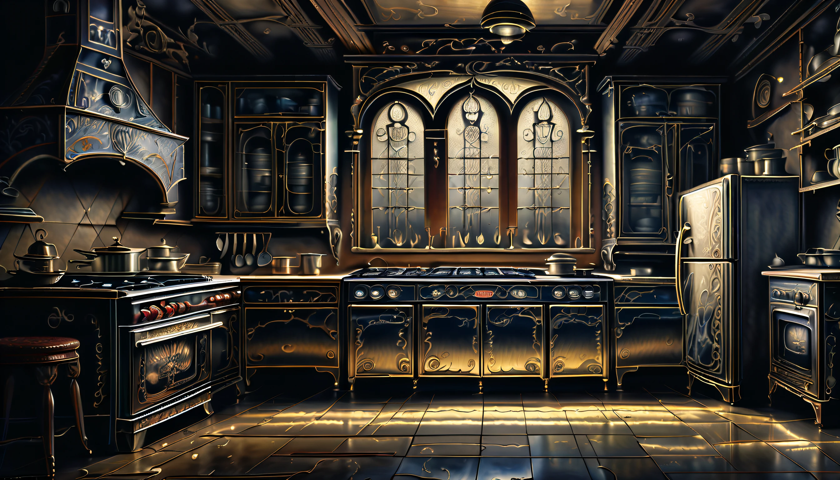 (((stunning extremely detailed illustration of spooky kitchen appliances:1.3))), ((with creepy chef:1.3)), (((graphic windows interface:1.3))), cute appliances is a true masterpiece, creepy refrigerator, awe stove, pretty toaster, expertly rendered metal and delicate brushstrokes, (horror detail glow:1.1), combination of realistic rendering and a gothic metal of dark_fantasy, creates a truly unique and captivating piece, mastery of various techniques and styles, use of mezzotint technique, touch of sophistication to the already impressive level of quality and detail, true masterpiece, amazed level of detail in this incredible watercolor painting, mesmerizing and almost lifelike depiction of this creature, vibrant colors and intricate brushstrokes truly bring masterpiece, (((majestic kitchen_room background intricate detail:1.3))), intricate detailed, extremely details, (((extremely intricate insane details:1.4))), (((extremely intricate detail of stunning render:1.4))), cinematic still and angle, all creepy steel texture,