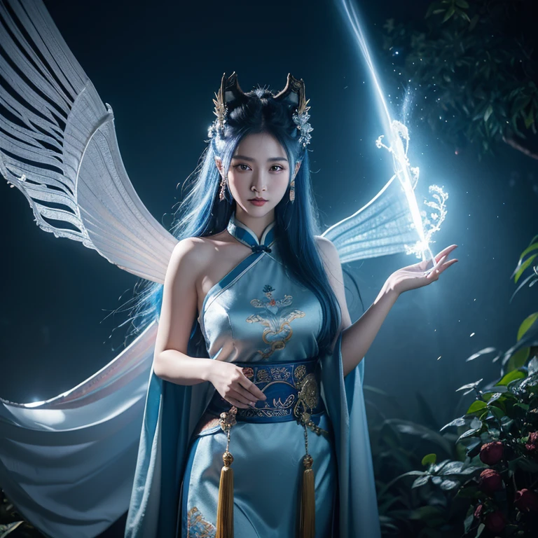Fantasy novels，faeries, Valkyrie, ancient kingdom of the east, Chinese woman，Hot busty cheongsam beauty CG animation，Da Asa AW Photos，8k ultra high definition，digital SLR camera，gentlesoftlighting，High detail RAW color photos professional photos，（Soft studio lighting，volumetric shadow），Natural soft light，hardfocus，filmgrain，depth of fields，highly contrast light，high high quality，filmgrain，（tmasterpiece：1.5），Best quality，high high quality，真实感，（detailedbackground：1.2），Ancient style background of Xianxia novels&cite; Blue hair and two fox ears and colorful nine tails