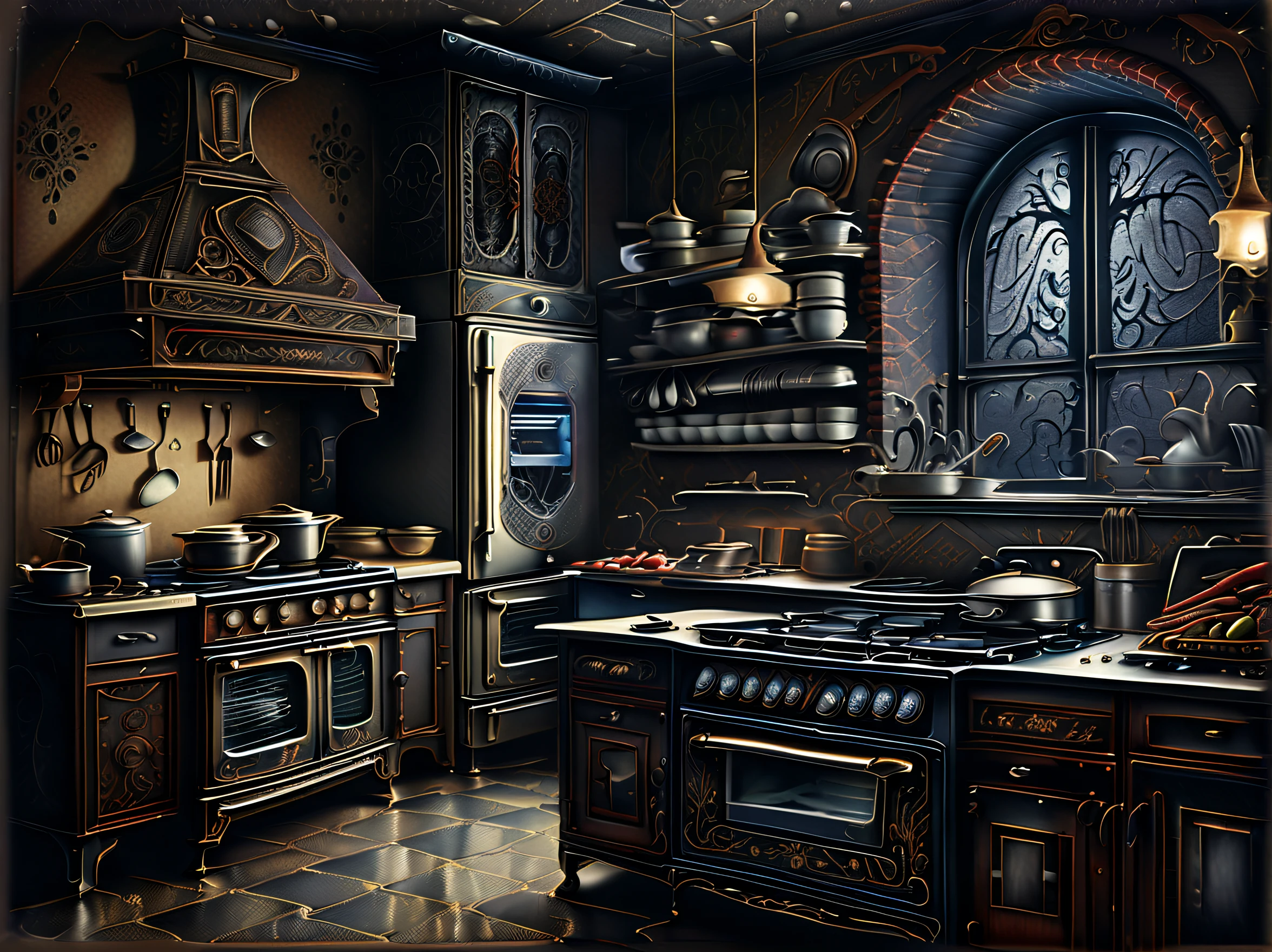 (((stunning extremely detailed illustration of spooky kitchen appliances:1.3))), ((with creepy chef:1.3)), (((graphic windows interface:1.3))), cute appliances is a true masterpiece, creepy refrigerator, awe stove, pretty toaster, expertly rendered metal and delicate brushstrokes, (horror detail glow:1.1), combination of realistic rendering and a gothic metal of dark_fantasy, creates a truly unique and captivating piece, mastery of various techniques and styles, use of mezzotint technique, touch of sophistication to the already impressive level of quality and detail, true masterpiece, amazed level of detail in this incredible watercolor painting, mesmerizing and almost lifelike depiction of this creature, vibrant colors and intricate brushstrokes truly bring masterpiece, (((majestic kitchen_room background intricate detail:1.3))), intricate detailed, extremely details, extremely intricate insane details, (((extremely intricate detail of stunning render:1.4))), cinematic still and angle, all creepy steel texture,