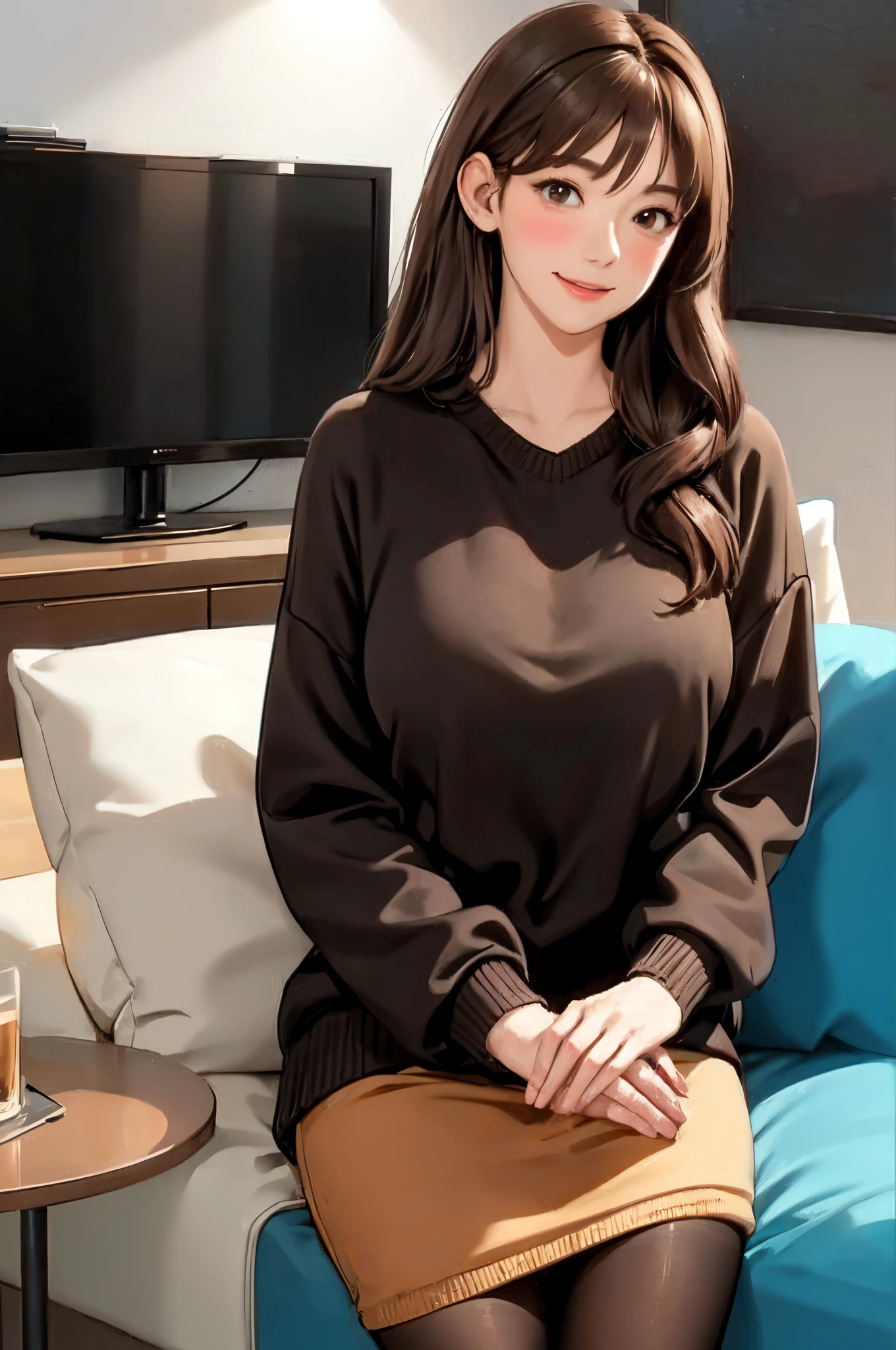 1lady standing, /(oversized sweater/) v-neck, mature female, /(brown hair/) bangs, blush kind smile, (masterpiece best quality:1.2) delicate illustration ultra-detailed, large breasts pantyhose BREAK /(modern house living room/) indoors