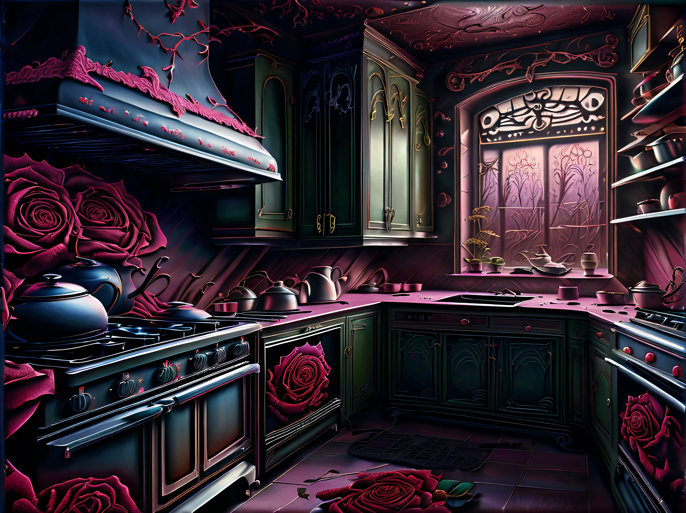 (((stunning extremely detailed illustration of spooky kitchen appliances:1.3))), ((with creepy chef:1.3)), (((withered rose water bottle graphic interface:1.3))), cute appliances is a true masterpiece, creepy refrigerator, awe stove, pretty toaster, expertly rendered metal and delicate brushstrokes, (horror detail glow:1.1), combination of realistic rendering and a gothic metal of dark_fantasy, creates a truly unique and captivating piece, mastery of various techniques and styles, use of mezzotint technique, touch of sophistication to the already impressive level of quality and detail, true masterpiece, amazed level of detail in this incredible watercolor painting, mesmerizing and almost lifelike depiction of this creature, vibrant colors and intricate brushstrokes truly bring masterpiece, (((majestic kitchen_room background intricate detail:1.3))), intricate detailed, extremely details, extremely intricate insane details, (((extremely intricate detail of stunning render:1.4))), cinematic still and angle, all creepy steel texture,