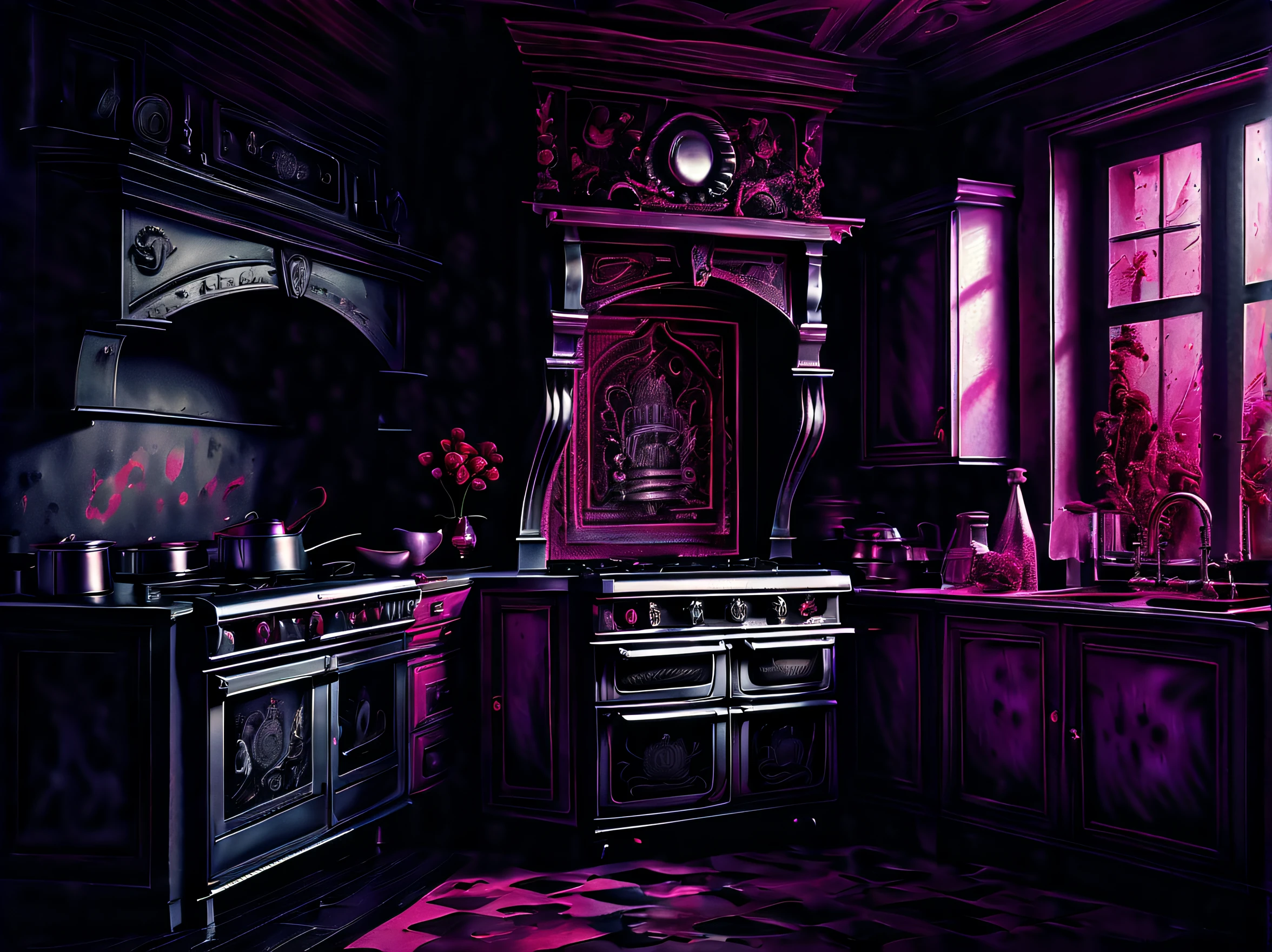(((stunning extremely detailed illustration of spooky kitchen appliances:1.3))), ((with creepy chef:1.3)), (((withered rose water bottle graphic interface:1.3))), cute appliances is a true masterpiece, creepy refrigerator, awe stove, pretty toaster, expertly rendered metal and delicate brushstrokes, (horror detail glow:1.1), combination of realistic rendering and a gothic of dark_fantasy, creates a truly unique and captivating piece, mastery of various techniques and styles, use of mezzotint technique, touch of sophistication to the already impressive level of quality and detail, true masterpiece, amazed level of detail in this incredible watercolor painting, mesmerizing and almost lifelike depiction of this creature, vibrant colors and intricate brushstrokes truly bring masterpiece, (((majestic kitchen_room background intricate detail:1.3))), intricate detailed, extremely details, extremely intricate insane details, (((extremely intricate detail of stunning render:1.4))), cinematic still and angle, all creepy steel texture,