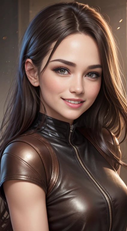 quality (photo realistic style, UHD, 16k, textured leather, hight resolution), a portrait of a beautiful woman, The perfect female face, joyful smile