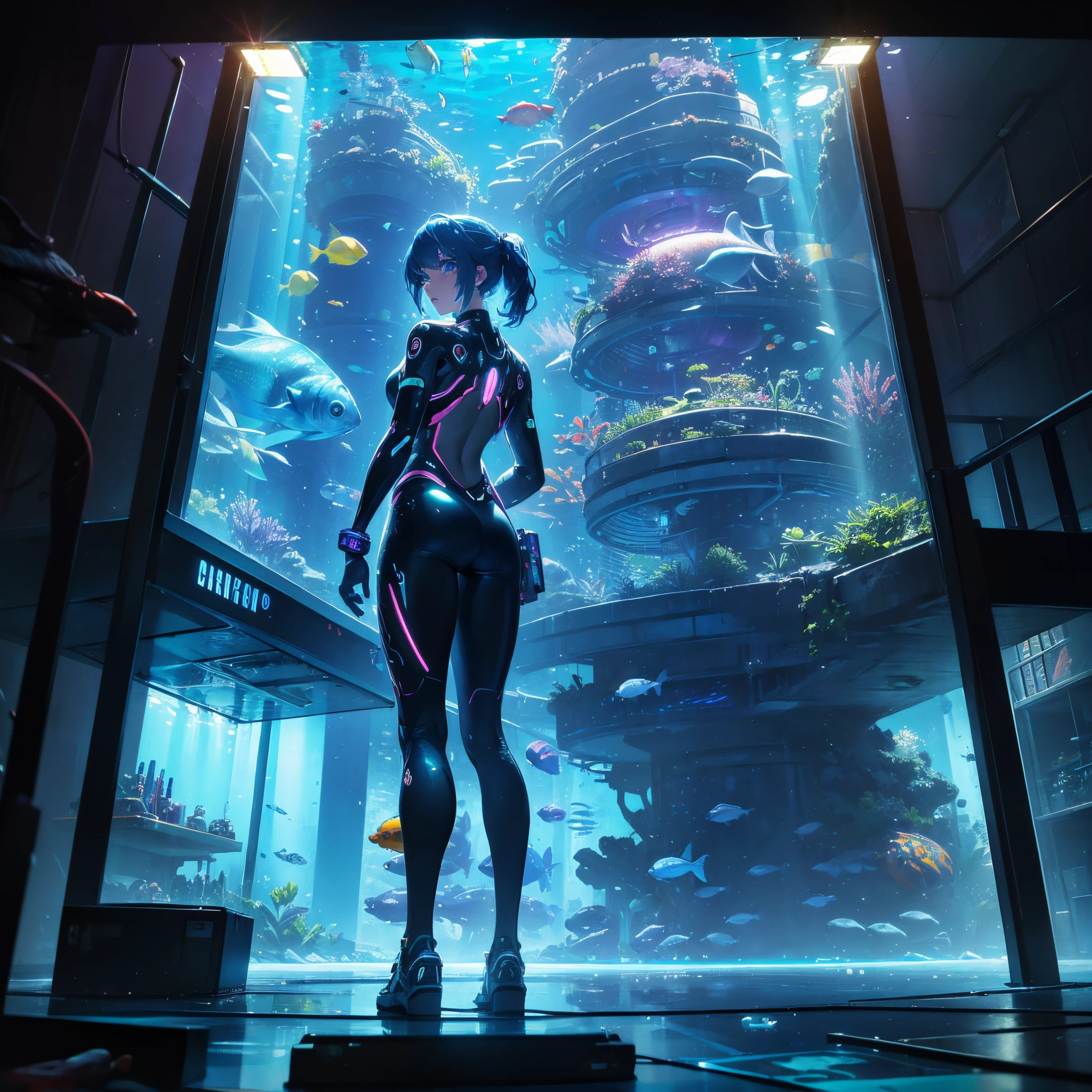 (masterpiece,top-quality,top-quality,Beautifully Aesthetic:1.2),artificially created fish,Tropical fish in machine,((Mechanically))Hyper Detail,Super delicate lines,fish on screen,digital fish,android fish,lensflare,((machine made fish,Geometric shapes,fish tank)),mechanical aquarium background,hologram landscape,Machine Eyes,((colourfull:1.5)),cyberpunk aquarium background,cyberpunked,Full of neon,Rear view of a woman looking at an aquarium,