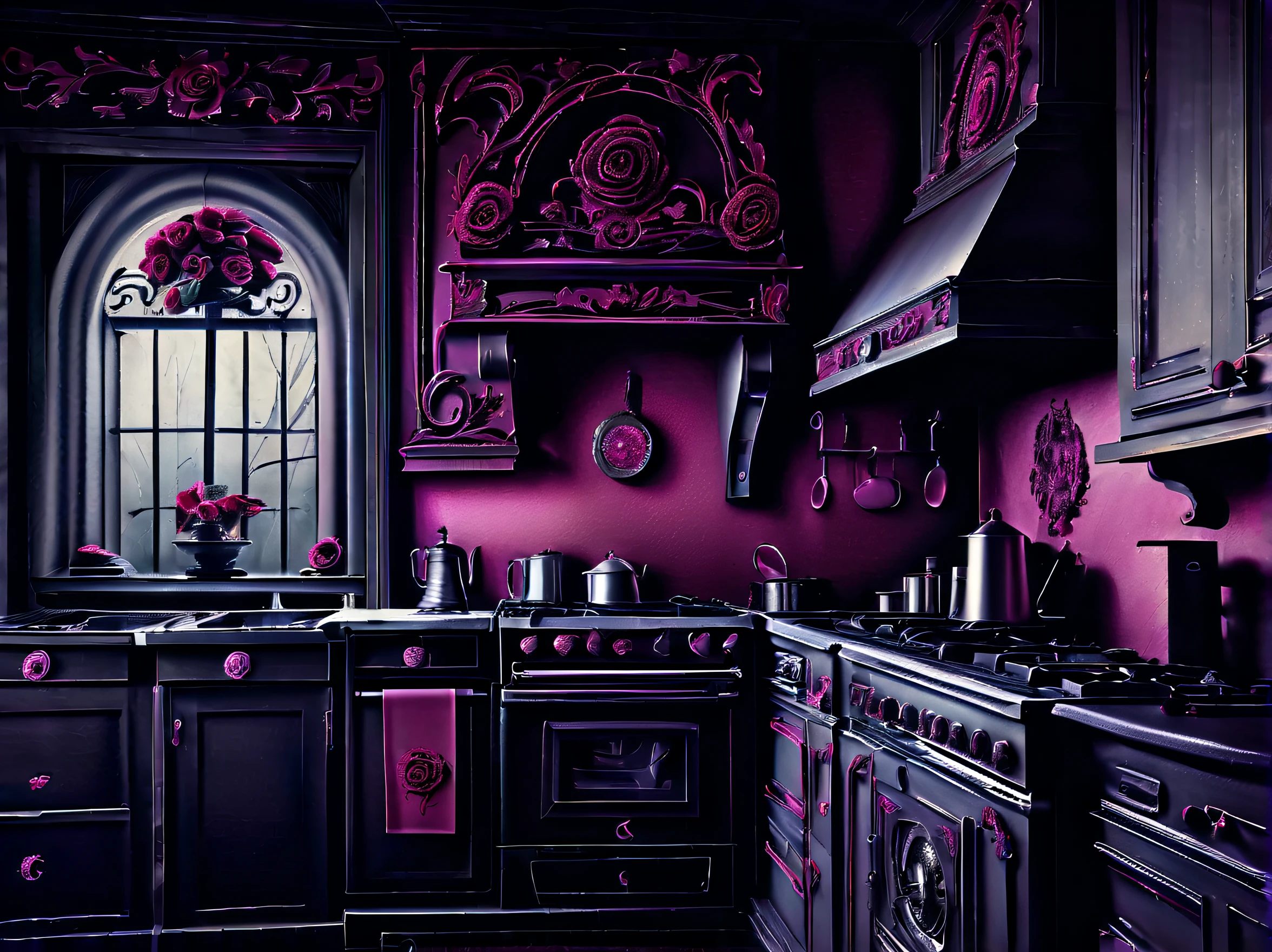 (((stunning extremely detailed illustration of spooky kitchen appliances:1.3))), (((withered rose water bottle graphic interface:1.3))), cute appliances is a true masterpiece, creepy refrigerator, awe stove, pretty toaster, expertly rendered metal and delicate brushstrokes, creepy detail glow, combination of realistic rendering and a gothic of dark_fantasy, creates a truly unique and captivating piece, mastery of various techniques and styles, use of mezzotint technique, touch of sophistication to the already impressive level of quality and detail, true masterpiece, amazed level of detail in this incredible watercolor painting, mesmerizing and almost lifelike depiction of this creature, vibrant colors and intricate brushstrokes truly bring masterpiece, (((majestic kitchen_room background intricate detail:1.3))), intricate detailed, extremely details, extremely intricate insane details, (((extremely intricate detail of stunning render:1.4))), cinematic still and angle, all creepy steel texture,