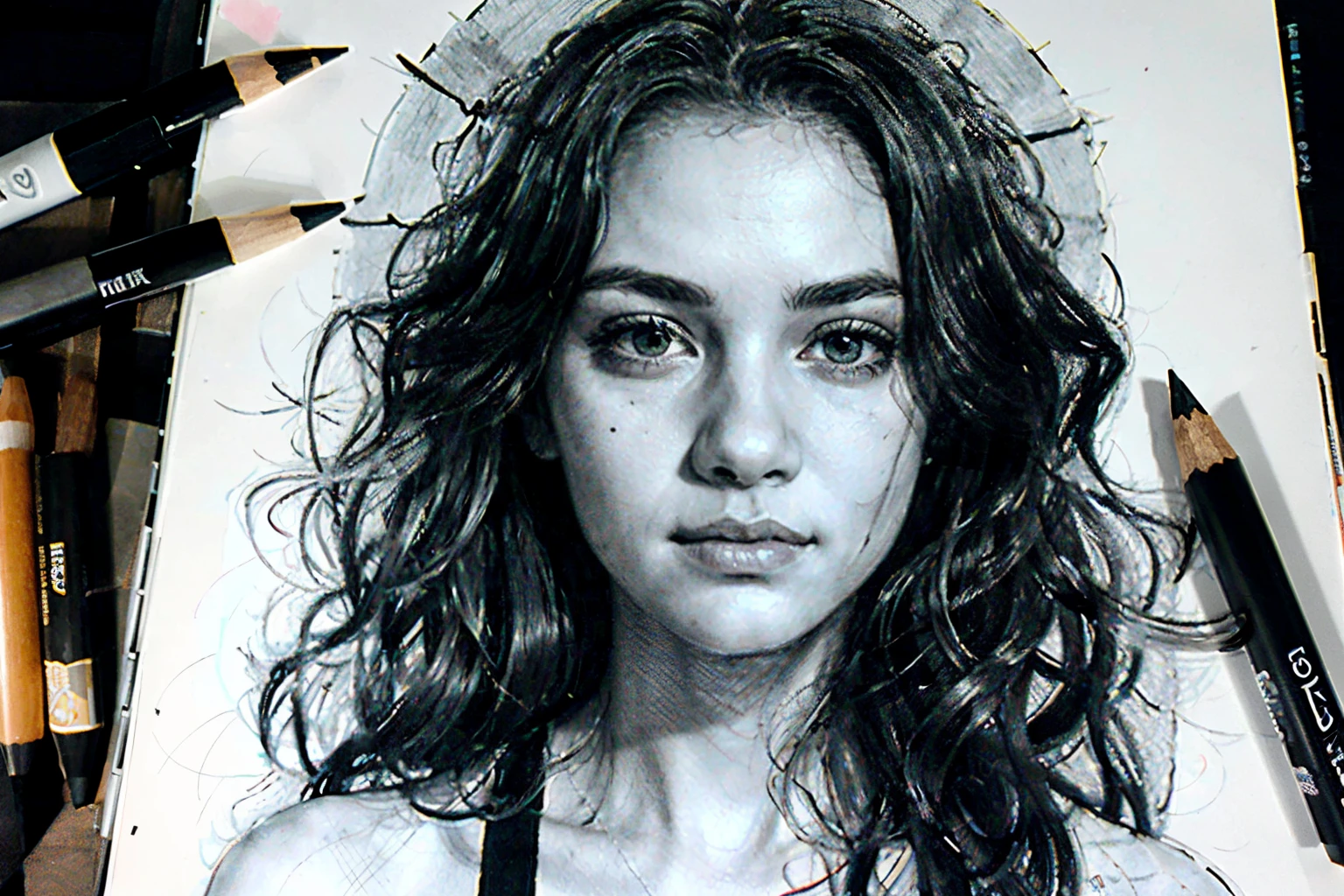 black and white sketch of a  girl, strong light, dark background, untidy pencil and charcoal sketch, cross hatching, unreal hair, unfinished sketch