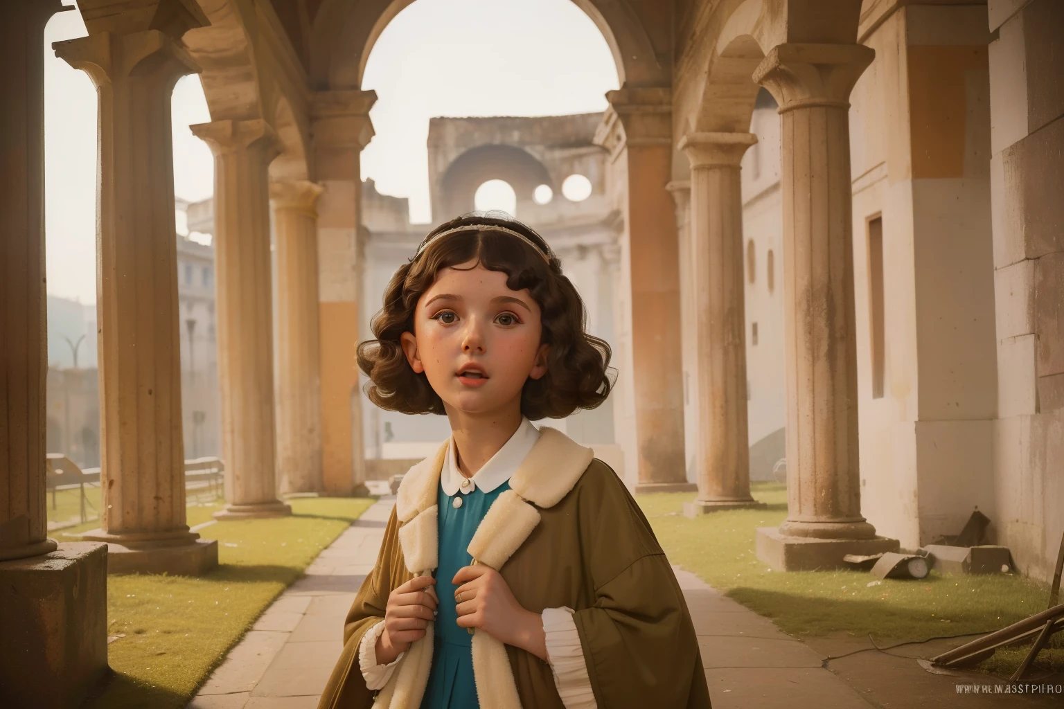 1965, Italia. Prerrafaelita (((()) Millie bobby brown)), Homeless girl, cabello rizado corto y desordenado, Oversized coat, ((expression of happiness)), dentro de un anfiteatro romano, restos, ((((Big, sloppy 60s clothes.)))), ((60s Curly Hairstyle)), ((Cinematic style by Wes Anderson)), De color