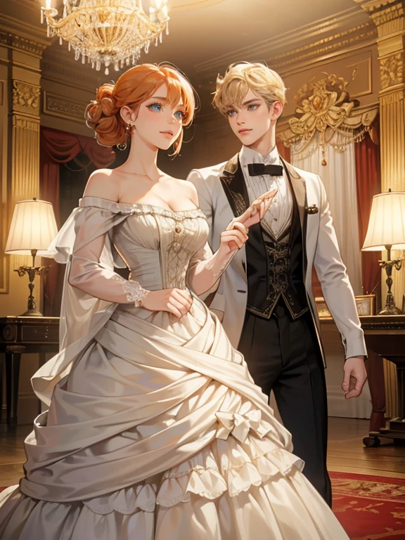 (absurdres, highres, ultra detailed), couple, (1 female, 1 male),(1 female with red-orange hair styled in victorian updo, curly bangs framing face, wearing off-shoulder white evening dress, lace gown, voluminous skirt, showing cleavage, minimal make up, green eyes, expression: blushing, looking at male)(1 male with short blond hair, blue eyes, wearing victorian clothing, expression: smiling, looking at female)(background: ballroom, victorian ballroom, many guests in the background, warm lighting from chandelier)(pose: male holding female hand)
