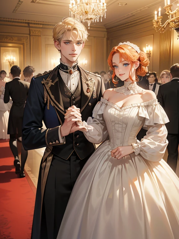 (absurdres, highres, ultra detailed), couple, (1 female, 1 male),(1 female with red-orange hair styled in victorian updo, curly bangs framing face, wearing off-shoulder white evening dress, lace gown, voluminous skirt, showing cleavage, minimal make up, green eyes, expression: blushing, looking at male)(1 male with short blond hair, blue eyes, wearing victorian clothing, expression: smiling, looking at female)(background: ballroom, victorian ballroom, many guests in the background, warm lighting from chandelier)(pose: male holding female hand)