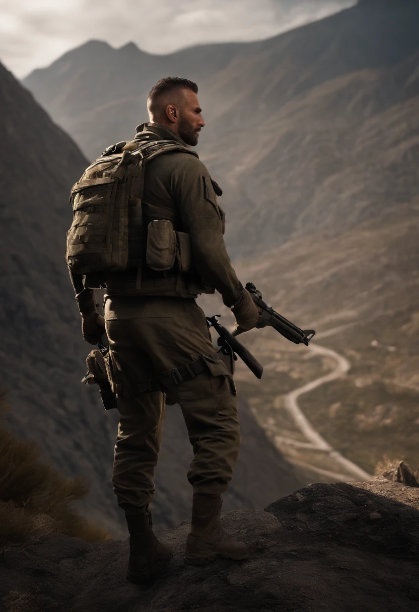 An image of SGT Johnny 'Soap' MacTavish leading a recon mission through a rugged mountain terrain.,Call of Duty: Modern Warfare series,SGT Johnny "Soap" MacTavish is famously portrayed by Neil Ellice, with blue eyes, a short buzzcut Mohawk haircut (Widows peak hairline), and a short beard. His jawline is defined, and his ears are a bit smaller than the average human male.