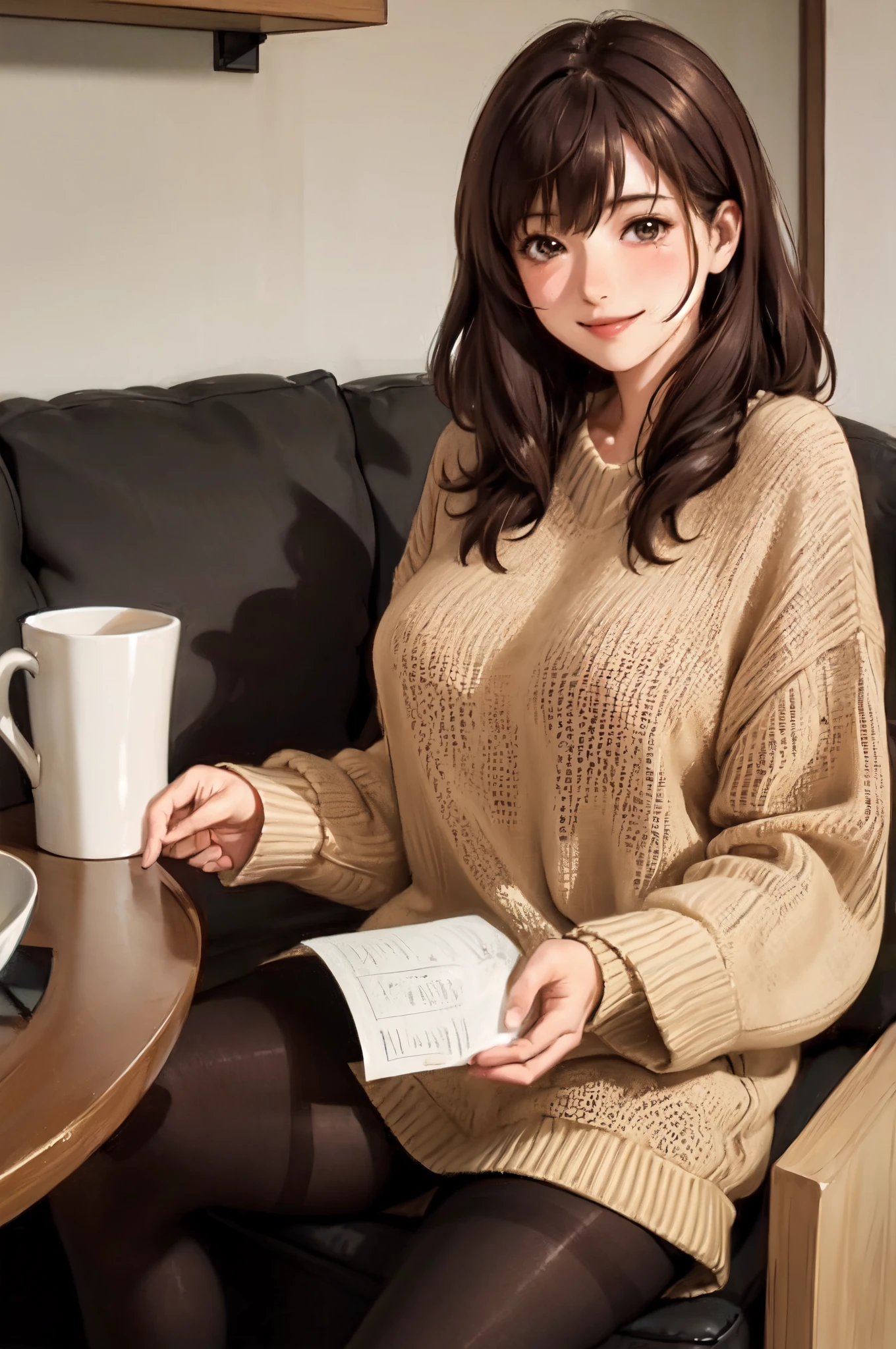 1lady standing, /(oversized sweater/) v-neck, mature female, /(brown hair/) bangs, blush kind smile, (masterpiece best quality:1.2) delicate illustration ultra-detailed, large breasts pantyhose BREAK /(modern house living room/) indoors