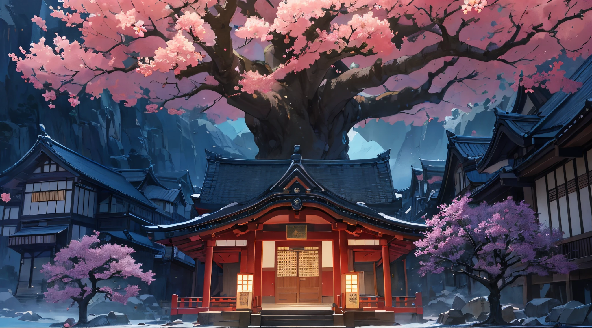 Huge cherry blossom tree，Japanese temples，Anime background art，Japan Art Style，beautiful anime scenery，dreamy Chinese towns，Japanese village，a beautiful artwork illustration，Landscape art detailed，landscape artwork，beautiful anime scenes，Anime landscapes，8K high quality detail art，japanese neighborhood，Anime landscape concept art，Japanese towns，anime beautiful peace scene，Intense light and shadow，Texture