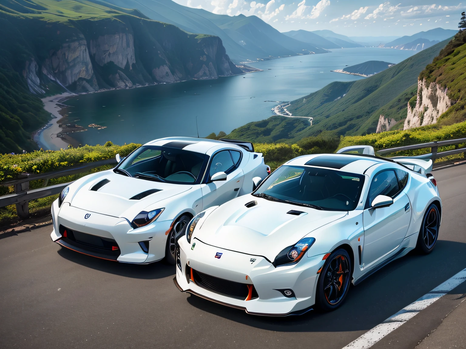 超A high resolution、An ultra-high picture quality、8K、Detailed details、marvelous expression、early summer coastline、Beautiful fresh greenery and lapping waves、A white car runs gracefully on the mountain pass road along the coast......、((nissan fairladyＺ・3000ZR))