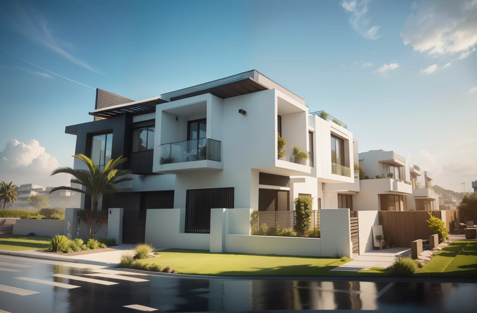 (best quality,4k,8k,highres,masterpiece:1.2),ultra-detailed,(realistic,photorealistic,photo-realistic:1.37),futuristic contemporary house, dark Concrete finish, exterior view, sleek design, large floor-to-ceiling windows, panoramic view, shiny metallic elements, minimalist architecture, sharp edges, clean lines, geometric shapes, seamless integration with the environment, vibrant green landscape, natural surroundings, bright blue sky, abundant natural light, warm golden sunlight, dynamic composition, high-tech materials, polished surfaces, reflective glass, sophisticated lighting, dramatic shadows, impeccable craftsmanship, luxurious atmosphere, inviting entrance, grand entrance door, spacious open layout, spacious outdoor terrace, comfortable outdoor seating, stylish outdoor furniture, perfect balance between simplicity and elegance, striking contrast, minimalistic color palette, monochrome tones, accents of bold colors, cutting-edge technology, smart home system, state-of-the-art appliances, inspiring ambience, contemporary art pieces, harmonious blend of nature and modernity, tranquil and inviting ambiance, wood pergola on balcony.