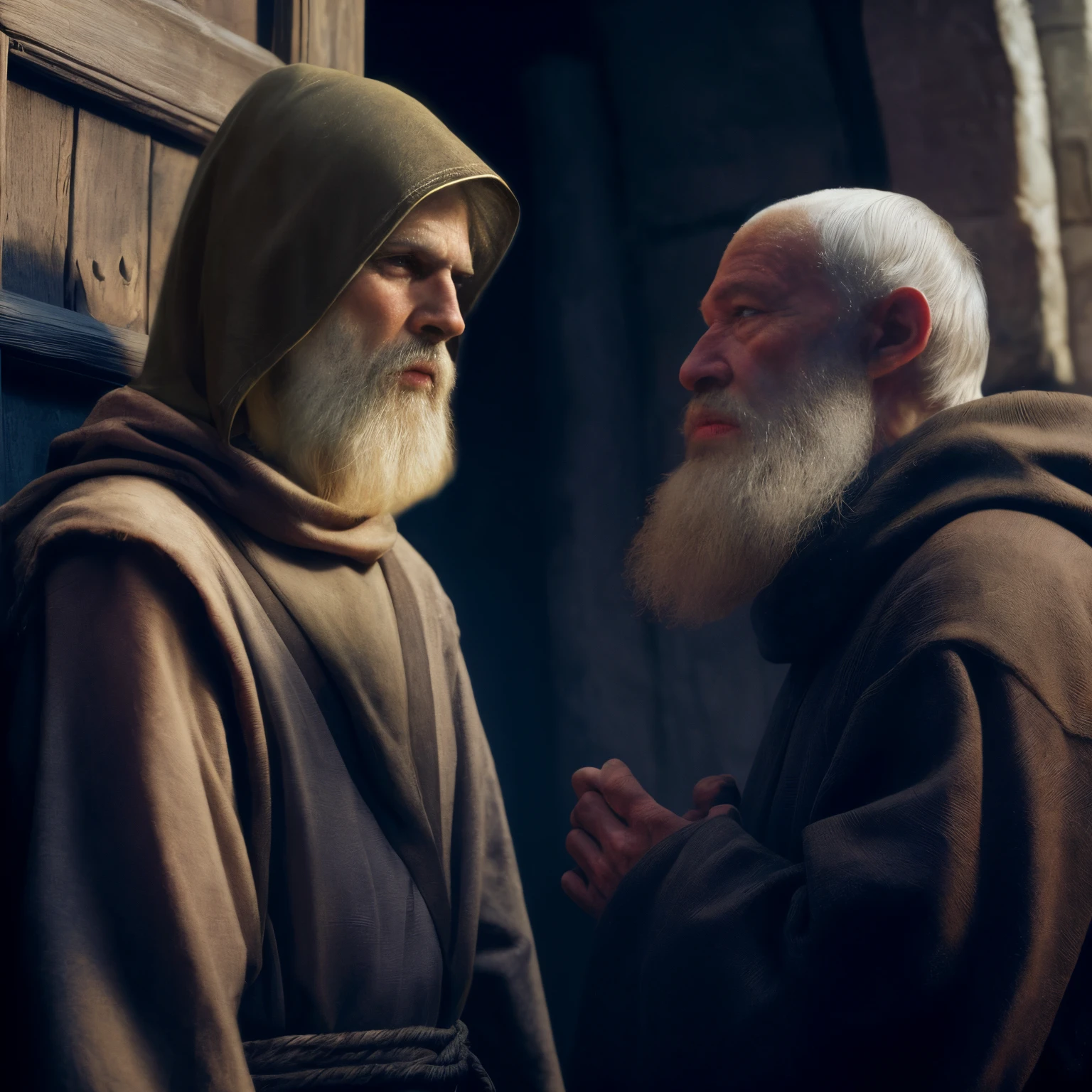 There are two men with long beards standing next to each other, Monges, monge, inspired by the Brothers Hildebrandt, Velho Mestre Jedi, vestindo vestes marrons, inspirado em Andrei Rublev, roupas de monge, NPC com halo de santo, inspired by the Brothers Hildebrandt, Nicodemos, Hieronymus Bosch e Moebius, 2 1 st century monk