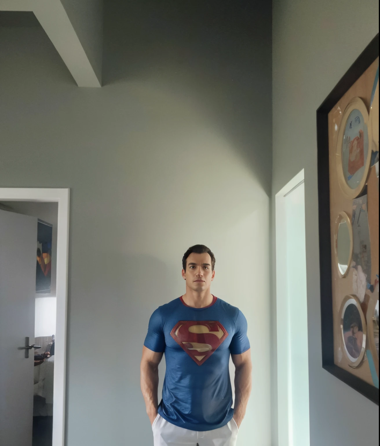 Superman in a blue suit standing in the room, Super-homem, Herry Cavill, pose do super-homem. como Superman!!, , Traje do Superman, Directed by: Jakob Gauermann, Tom Hanks como Superman, cinematic full shot, foto ainda, filme ainda 8K, fan art, 4k ainda, foto de retrato em close-up, tiro de close-up, cinematic body shot
