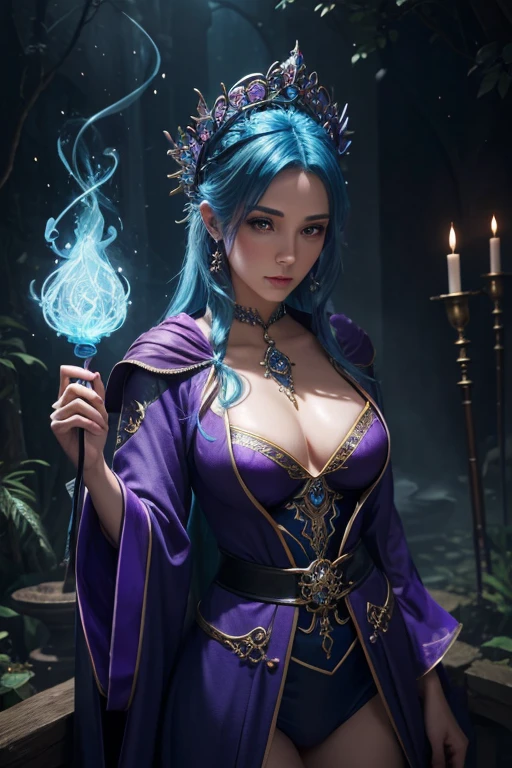 (best quality,highres),spectacularly detailed,beautiful blue haired mage,very sexy mage robes,elaborate magic staff,mesmerizing spellcasting,enchanted surroundings,powerful atmosphere,mysterious arcane energies,illuminating glow,colorful magical effects,spellbinding,awestruck onlookers,imaginary fantasy world,magical elements and symbols,wisps of smoke and sparks,ethereal beauty,immersive fantasy experience,vibrant colors,great attention to detail,impressive level of realism,professional artwork,exquisite craftsmanship,unforgettable masterpiece.