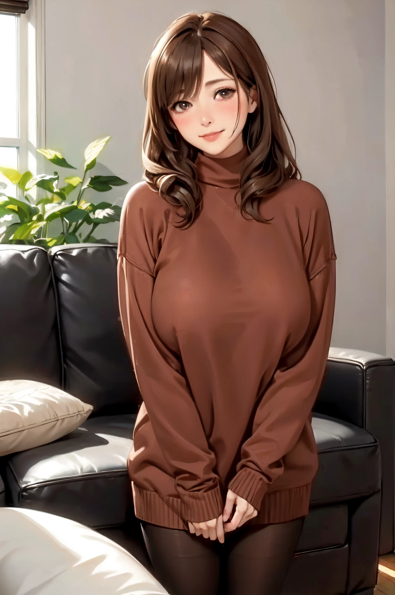 1lady standing, /(oversized sweater/) v-neck, mature female, /(brown hair/) bangs, blush kind smile, (masterpiece best quality:1.2) delicate illustration ultra-detailed, large breasts pantyhose BREAK /(modern house living room/) indoors