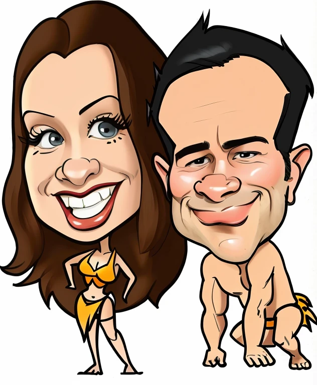 Digital drawing of a couple, sitting very close to each other, in a beach environment, the man holding a drink, a beautiful drawing of a couple, the shirtless man wearing shorts and the woman in a bikini, better quality image, 8k, cartoon style