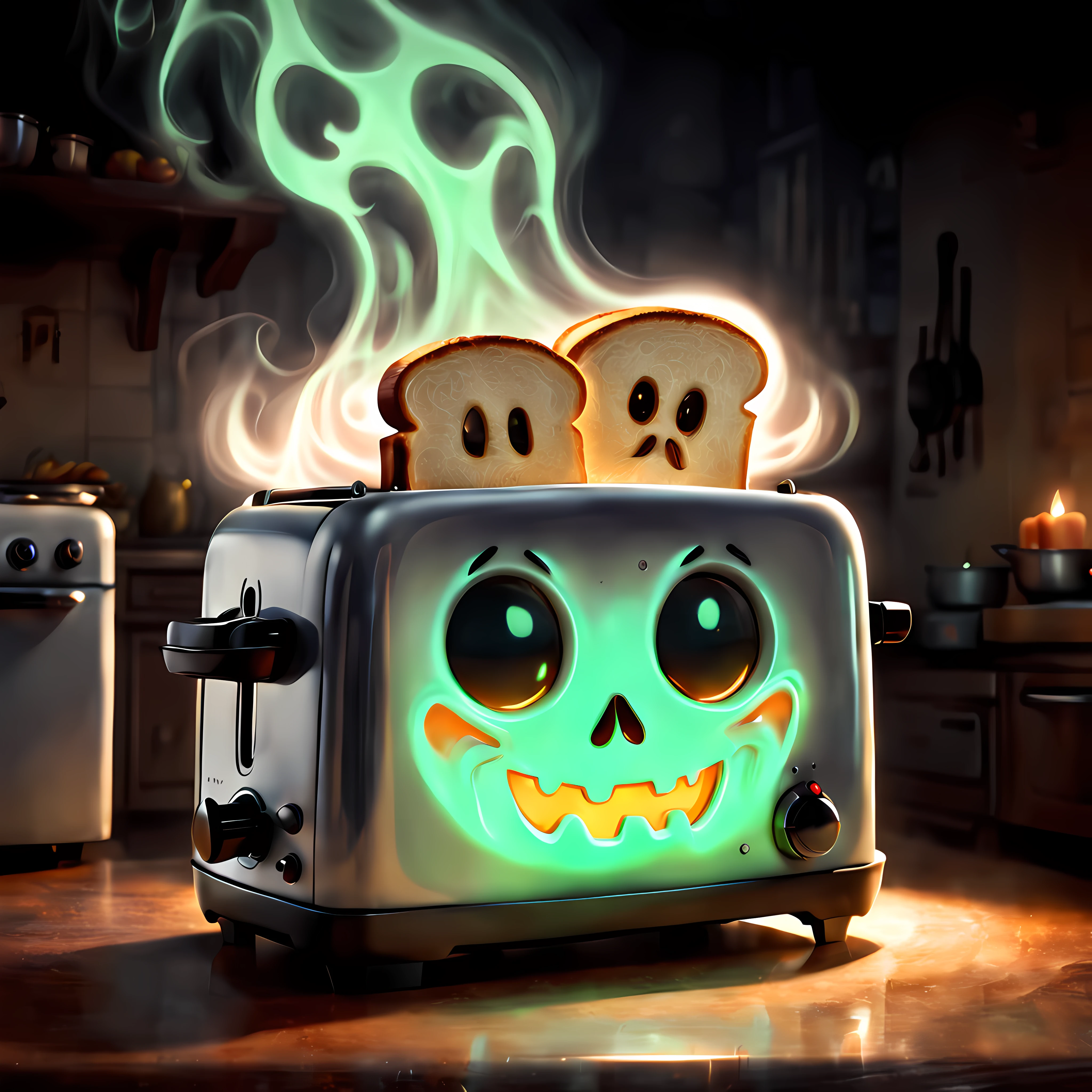 Cute Cartoon, CuteCartoonAF, (cute cartoon style:1.3), (front view:1.3), (close up:1.3), a haunted toaster with an eerie and supernatural appearance (glow from within), an atmosphere that suggests the toaster is possessed by a ghost, dimly lit kitchen background, spooky, paranormal elements to the image, ethereal, ((big floating cookies))