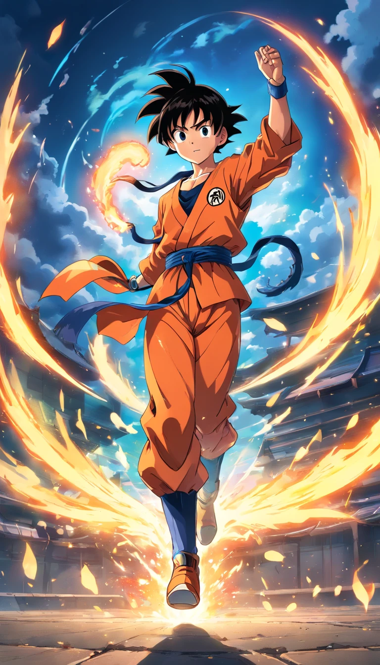 One guy，dragon ball painting style，Akira Toriyama painting style，fire force+turbo+Mist Goku, The top is broken, Saiyans full of flaming butterflies and pyrotechnic skills，actionpose，Full body lesbian，（butterflys：0.7），Proficient special effects processing，high detal