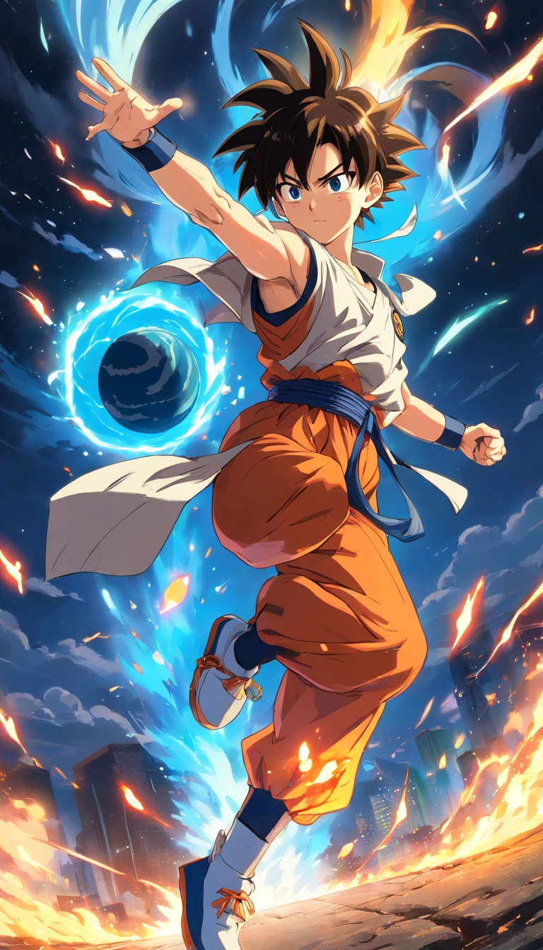 One guy,dragon ball painting style,Akira Toriyama painting style,fire force+turbo+Mist Goku, The top is broken, Saiyans full of flaming butterflies and pyrotechnic skills,actionpose,Full body lesbian,(butterflys:0.7),Proficient special effects processing,high detal