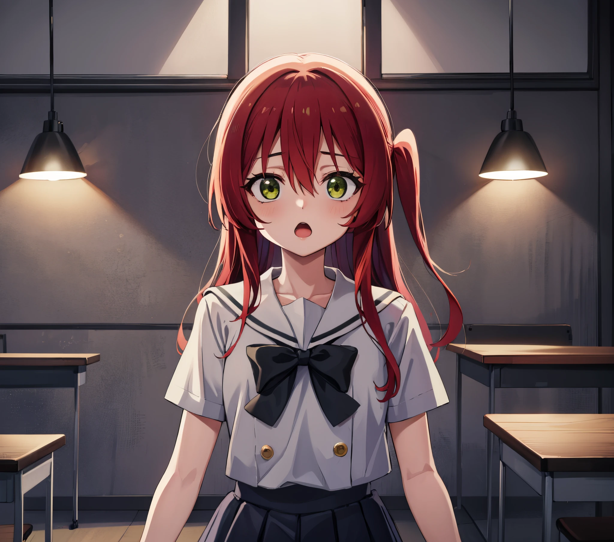 kitaikuyo, ikuyo kita, (green eyes:1.5), hair between eyes, long hair, one side up, red hair, (flat chest:1.2),
BREAK black footwear, black skirt, grey sailor collar, pleated skirt, sailor collar, school uniform, shoes, short sleeves, shuka high school uniform, skirt,,
BREAK looking at viewer,
BREAK indoors, classroom,
BREAK (masterpiece:1.2), best quality, high resolution, unity 8k wallpaper, (illustration:0.8), (beautiful detailed eyes:1.6), extremely detailed face, perfect lighting, extremely detailed CG, (perfect hands, perfect ???????),up chest.big breasts.Sad face.open mouth.