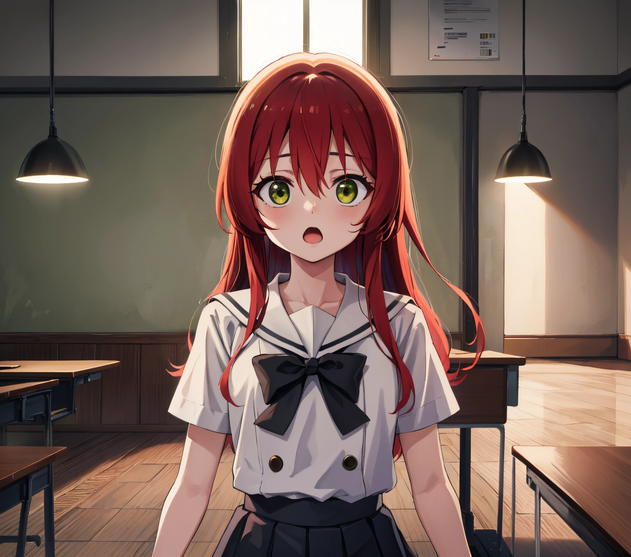 kitaikuyo, ikuyo kita, (green eyes:1.5), hair between eyes, long hair, one side up, red hair, (flat chest:1.2),
BREAK black footwear, black skirt, grey sailor collar, pleated skirt, sailor collar, school uniform, shoes, short sleeves, shuka high school uniform, skirt,,
BREAK looking at viewer,
BREAK indoors, classroom,
BREAK (masterpiece:1.2), best quality, high resolution, unity 8k wallpaper, (illustration:0.8), (beautiful detailed eyes:1.6), extremely detailed face, perfect lighting, extremely detailed CG, (perfect hands, perfect ???????),up chest.big breasts.Sad face.open mouth.