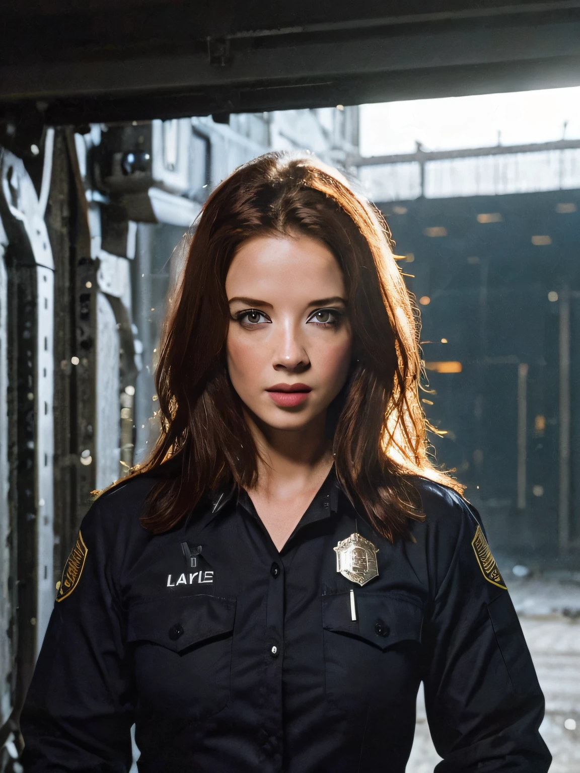 in a steel mill, (late night), (dark lighting:1.25), (LAPD uniform), (long sleeve police uniform:1.0), (long straight hair), robotic expression, (photorealistic:1.2) (best quality) (detailed) (intricate) (8K), (cinematic lighting:1.2), sharp details