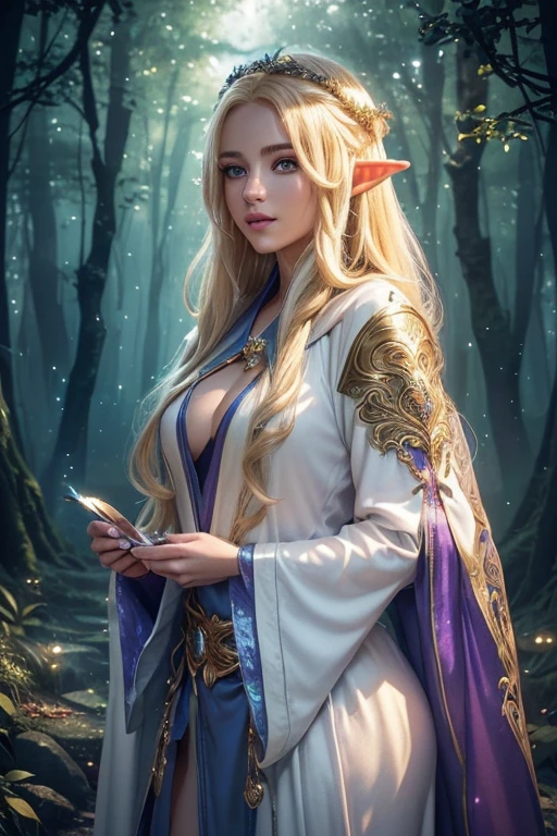 (a girl,a pretty mage elf blonde with long hair),(attire,very sexy mage robes),(eyes,beautiful detailed eyes),(lips,beautiful detailed lips),(lighting,stunning magical lighting),(background,mystical forest),(accessories,enchanted staff),(magic,sparkling magical energy),(art style,fantasy),(colors,vibrant and ethereal),(image quality,best quality,ultra-detailed).