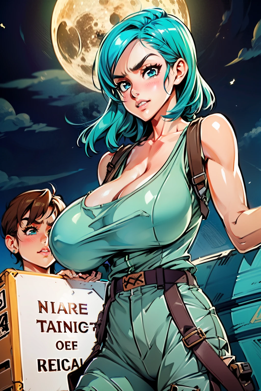Waifu, masterpiece, curvy, breasts, moon, full moon, gloves, 1girl, clenched teeth, bulma, cleavage, large breasts, teeth, aqua hair, ((white tank top:1.2)), blue eyes, rating:explicit,rule34, hardcore, tits,clenched hands, night, sky, ((brown cargo pants:1.4)), bare shoulders, blue hair, clenched hand, rating:questionable, (((hairtype 4C:1.5))), belt, solo, angry, lip biting(gigantic and massive tits:1.1), breasts, official illustration, illustration, detailed face, beautiful intricate eyes, curvy milf, 1:2), closeup, titsnipples