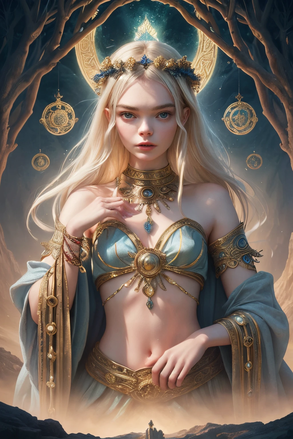 "Imagine an AI-generated artwork that envisions Elle Fanning as a mythical figure from ancient mythology. Picture her immersed in an otherworldly scene, surrounded by elements inspired by myths and legends. Envision Elle Fanning with ethereal qualities, perhaps adorned with symbols and artifacts representing a mythical realm. Set the scene against a backdrop that blends both fantasy and reality, capturing the enchanting essence of mythology. Utilize a soft and enchanting color palette to convey the dreamlike quality of this mythical portrayal. The final image should be a captivating fusion of Elle Fanning's grace and the timeless allure of mythical tales, creating a visual narrative that transcends the boundaries of reality."