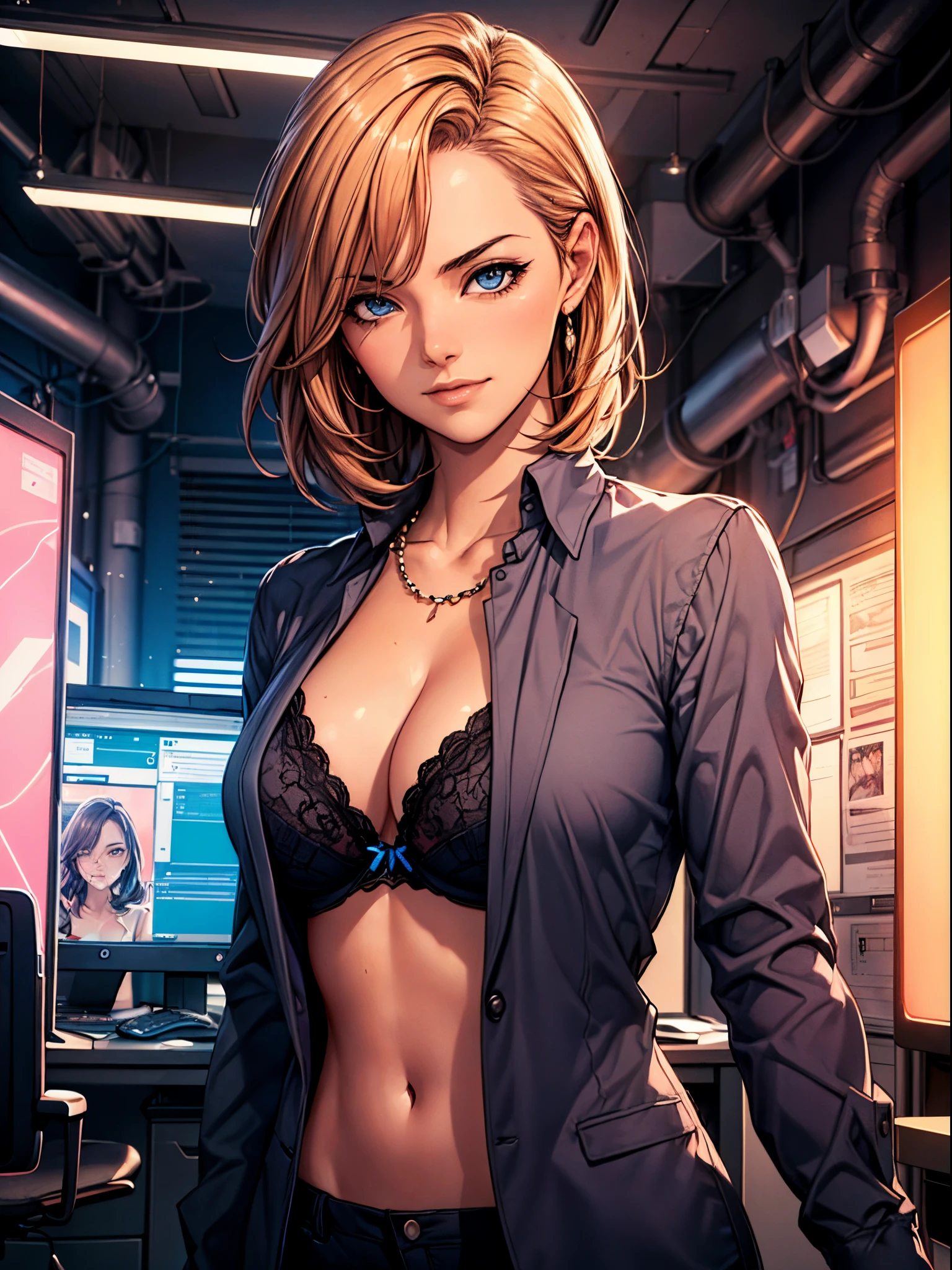 (masterpiece), (top-quality), sunset, natural lights, ,(realistic:1.5), Stunningly beautiful Emma Stone as an office lady working in a croded office,unbuttoned_office_lady_jacket, unbuttoned silk shirt, bra, necklace, perfect detail, perfect fingers, perfect limbs, impact, (shiny skin) , short hair, (reddish_blonde_hair), tanned, (bright shot:1.1),masterpiece that captures the essence and beauty of the woman, ((cleavage)), cleavage, sexy, sensual, dark blue eyes, determined expression, sexy pose, athletic, looking at viewer, eye contact, indoor, detailed modern day office in background, neon lights, dynamic pose, action pose,alluring, seductive_pose, neon lights, cleavage, athletic body, medium breasts, upper body, mid shot, masterpiece, detailed, mature, bright colors, high saturation, stunningly beautiful girl, precise hands, seductive smile, inviting expression, love, happy, Clear eyes, Shining eyes,, ultra-definition, Top resolution, soft lightning