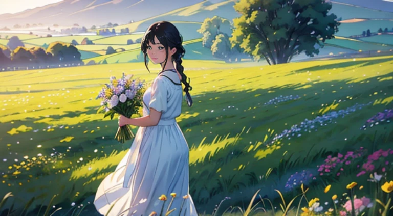 (Watercolor in Sargent style)、(top-quality、masterpiece)、Soft light、View of the Cotswolds,Old farmhouse、rivulets、place々flower bloom、Create an ethereal scene in a calm morning misty meadow。Draw delicate and blurry brushwork、Enhance the serene atmosphere of the countryside、(One lady)、、Woman with dark hair、Short black hair、Braided hair、美丽的面容、kindly smile、tiny chest、White blouse and long skirt、picnic、standing on a hill、blown by the wind、Holding a bouquet of flowers in your hands、