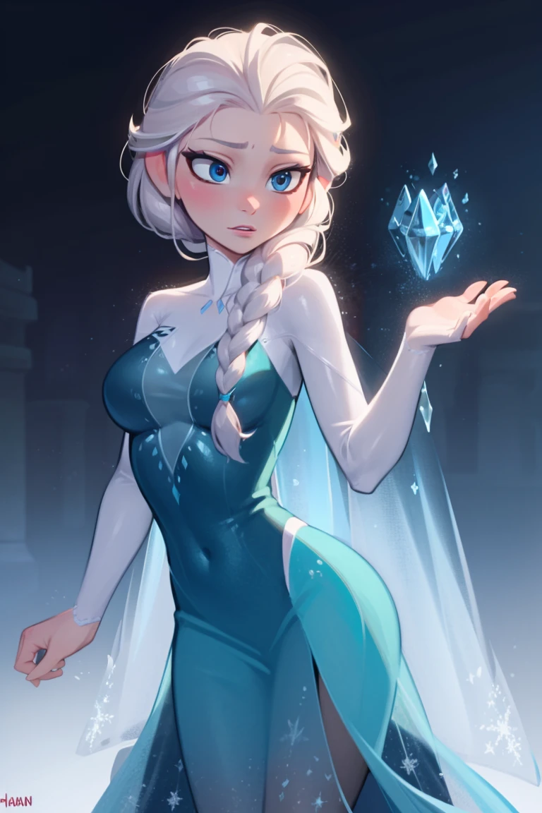 Elsa of arendelle wearing Spidergwen costume, Spidergwen costume, blue icey costume, braid, human ears, Elsa of arendelle, elsa of arendelle, blue ice dress, single braid