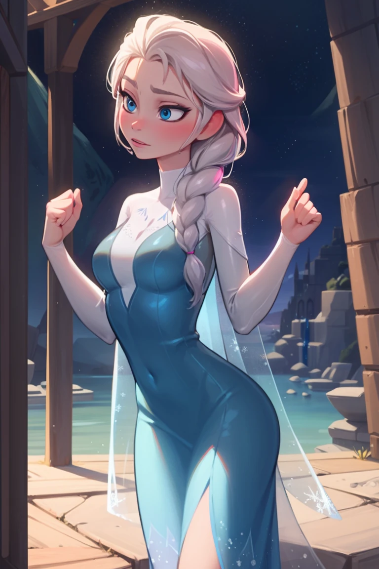 Elsa of arendelle wearing Spidergwen costume, Spidergwen costume, blue icey costume, braid, human ears, Elsa of arendelle, elsa of arendelle, blue ice dress, single braid