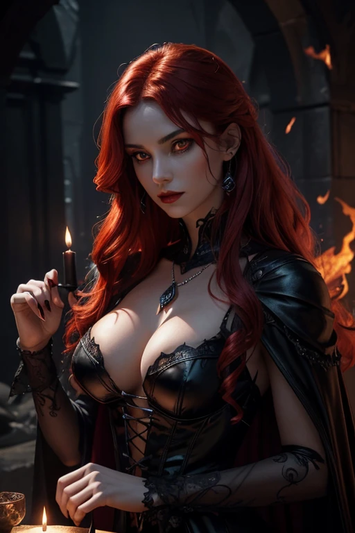 best quality,4k,8k,highres,masterpiece:1.2,ultra-detailed,(realistic,photorealistic,photo-realistic:1.37),gothic redhead,seductive black dress,powerful dark magic,flowing red hair,intense gaze,sharp features,mysterious atmosphere,sculpted face and body,flowing cape,lingering shadows,ethereal beauty,dark and smoky background,dramatic lighting,dangerous allure,sinister aura,commanding presence,blood-red lipstick,piercing eyes,enchanted amulet,flames in her hands,voluminous red curls,mystical symbols,spellbinding charm,wisps of black smoke,revealing neckline,intense red eyes,dominant and confident posture,provocative elegance,vivid colors,powerful and seductive,gothic style,alluring and mysterious,passionate and enigmatic,demonic powers,spellbinding enchantress,secrets of the night,mesmerizing gaze,subtle yet potent magic,windswept hair,haunting beauty,dark and haunting,tormented soul,embrace of darkness