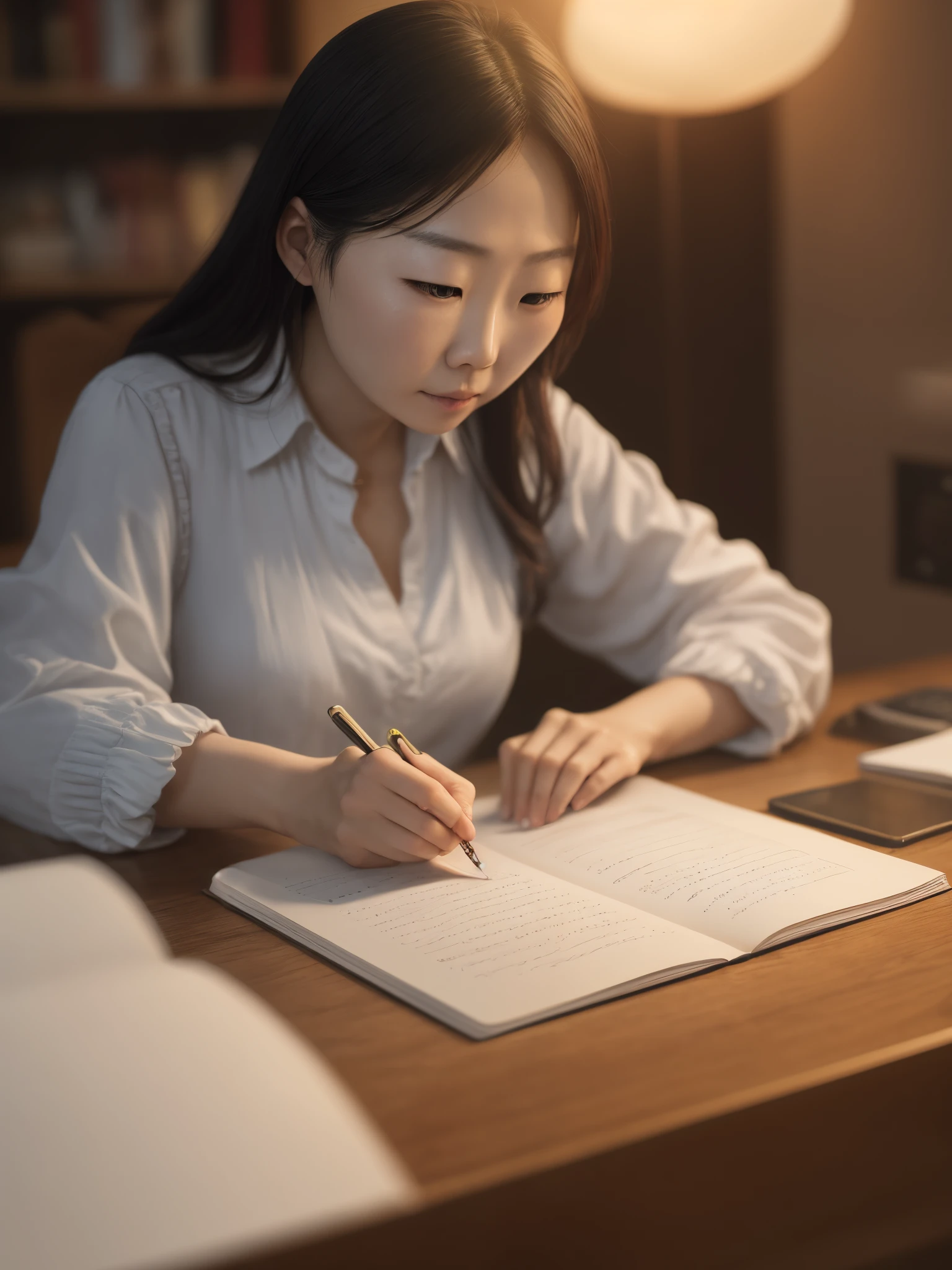 Chinese woman writing at the desk, age 30, house warm and soft lighting --auto --s2