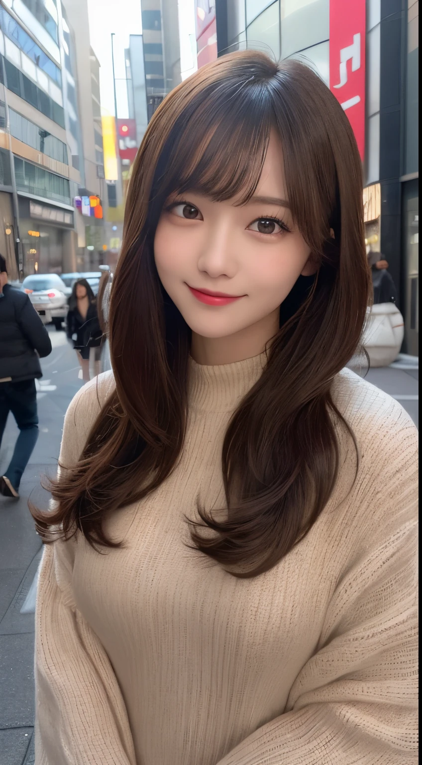 One woman、((Smile 1.6)) 、Curly Hair、With Bangid Chest 1.6))、front、Close-up face、Looking at the camera(Tabletop:1.3), High resolution, Ultra-detailed, Highly detailed CG Unity 8k wallpaper, Realistic, Photorealistic, RAW Photos, Beautifully detailed face, Pale skin, Detailed cloth texture, Detailed hair texture, Beautiful Face, Acura, Anatomically correct, Highly detailed face and skin texture, Natural neck length, (Fair skin:1.2), solo、Brown Hair、Japanese women, 19 years old、Detailed eyes、Cute realistic pictures((Smile 1.6⦆、The background is a cityscape、Beautiful long hair、Knitted cardigans