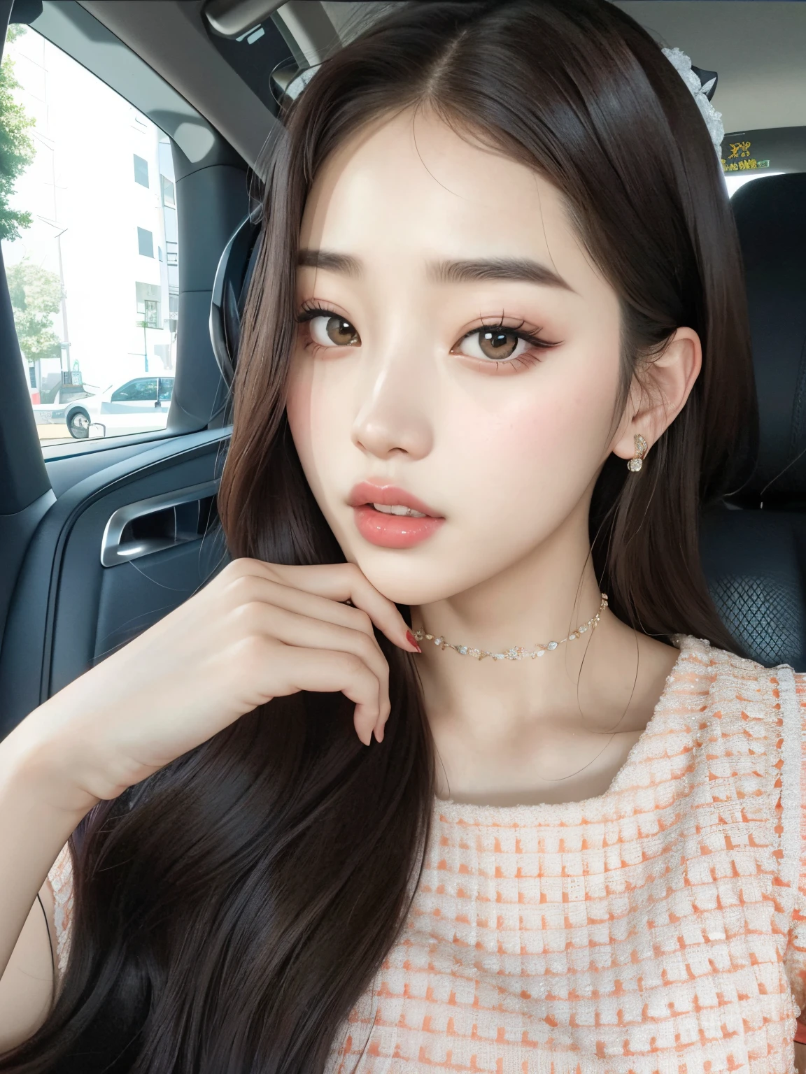 A close-up of a woman with long hair in a car, Bae Suzy, Jinyoung Shin, ulzzang, Jaeyeon Nam, maquillaje popular de Corea del Sur, maquillaje coreano popular, Joven y adorable rostro coreano, Heonhwa Choe, Wan adorable cara coreana, con cara linda - fina -, Hermosa joven coreana, dilraba dilmurat, Lalisa Manobal